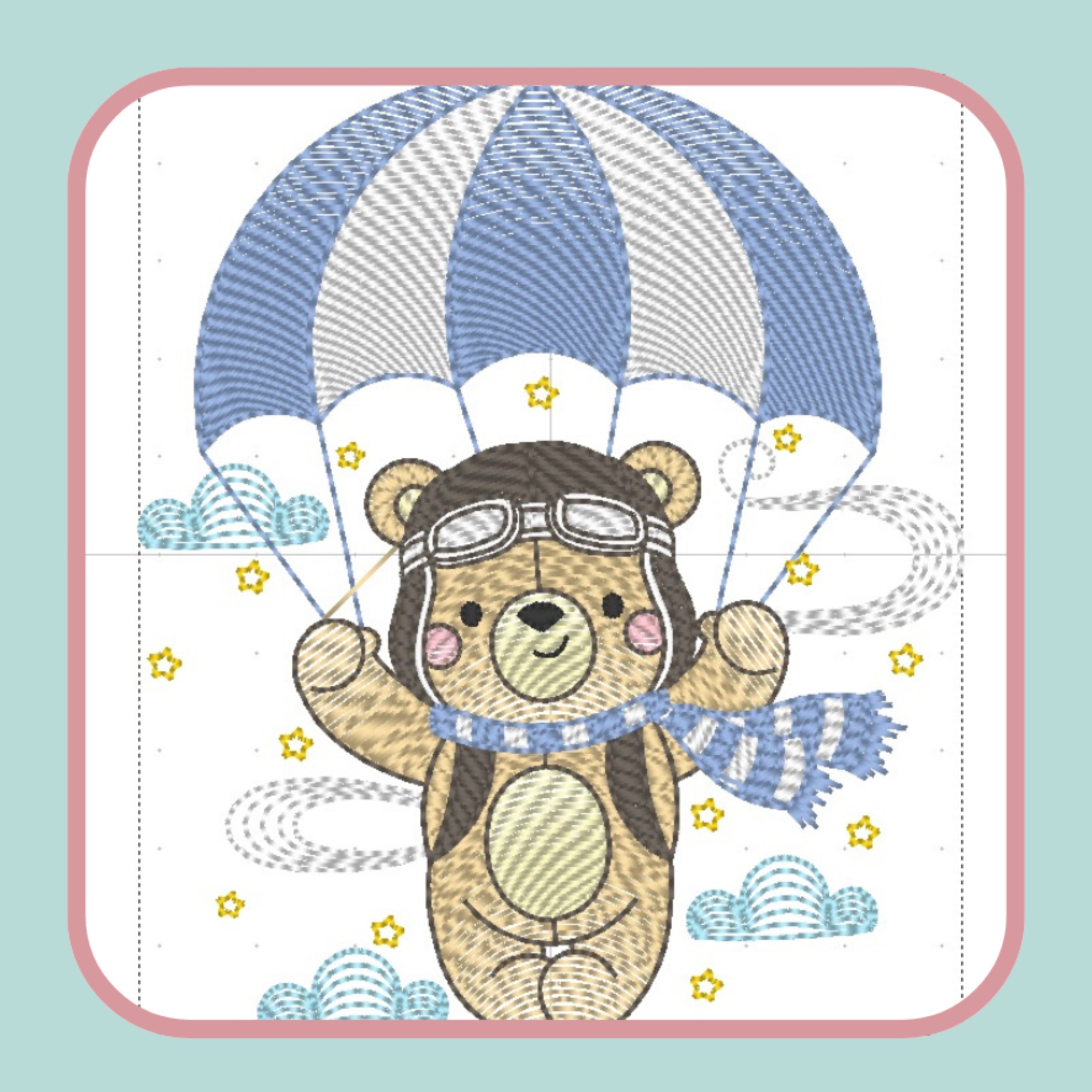 Ilustração de urso aviador com paraquedas bordado em azul, branco e castanho