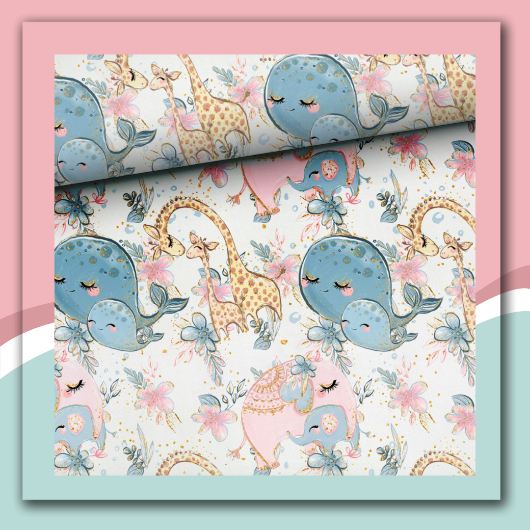 Tecido infantil com elefantes, golfinhos e girafas em tons suaves