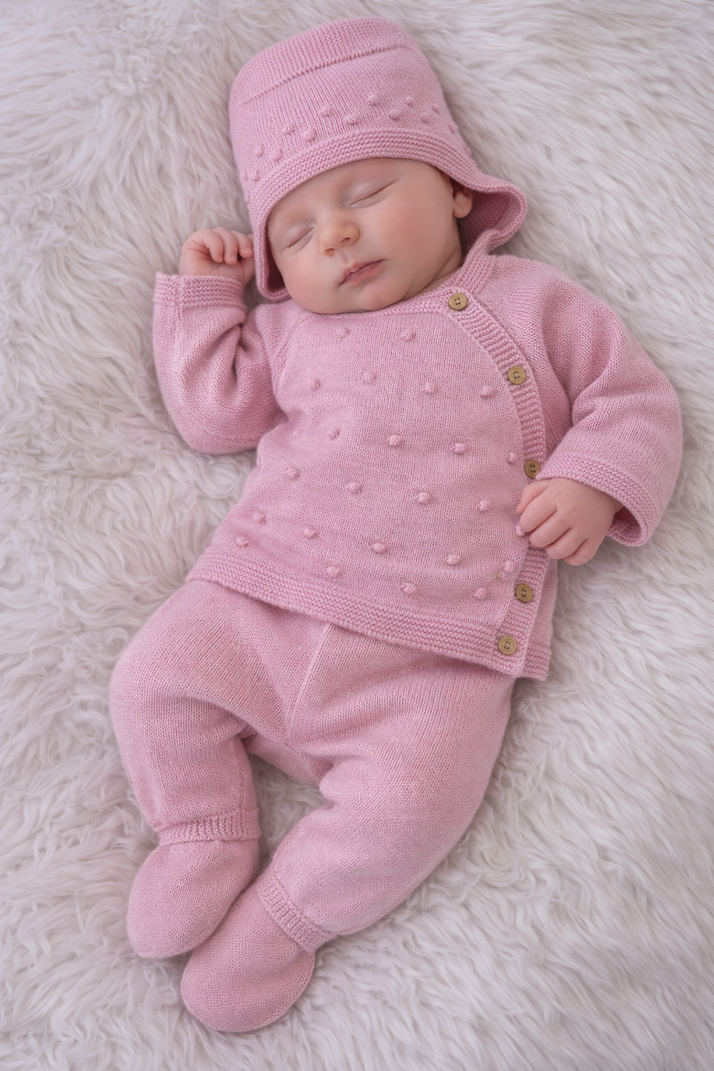 Bebé a dormir com roupa de malha rosa