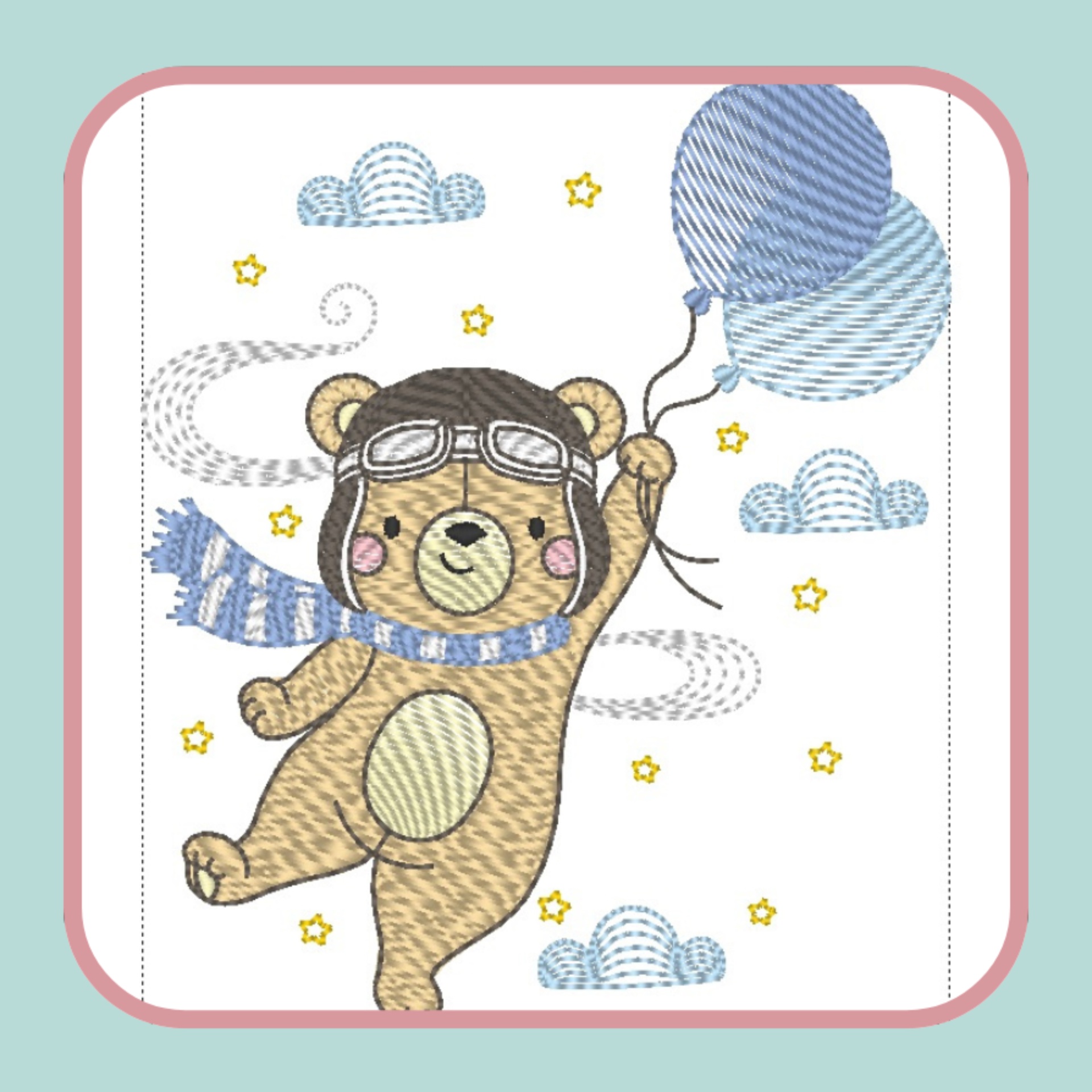 Ursinho bordado com balões azuis e acessórios, fundo branco com nuvens e estrelas