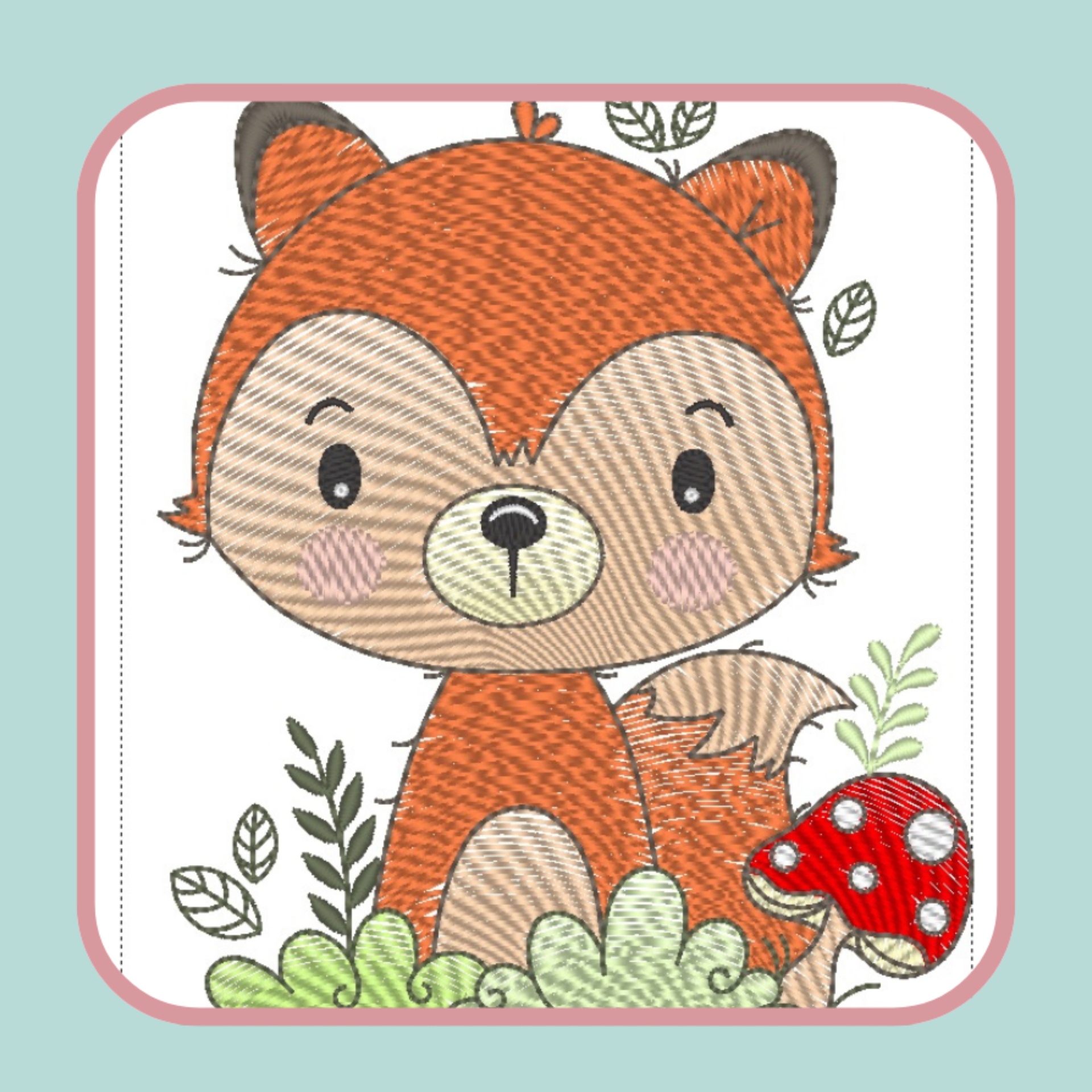 Desenho bordado de raposa laranja com cogumelo vermelho e folhas verdes