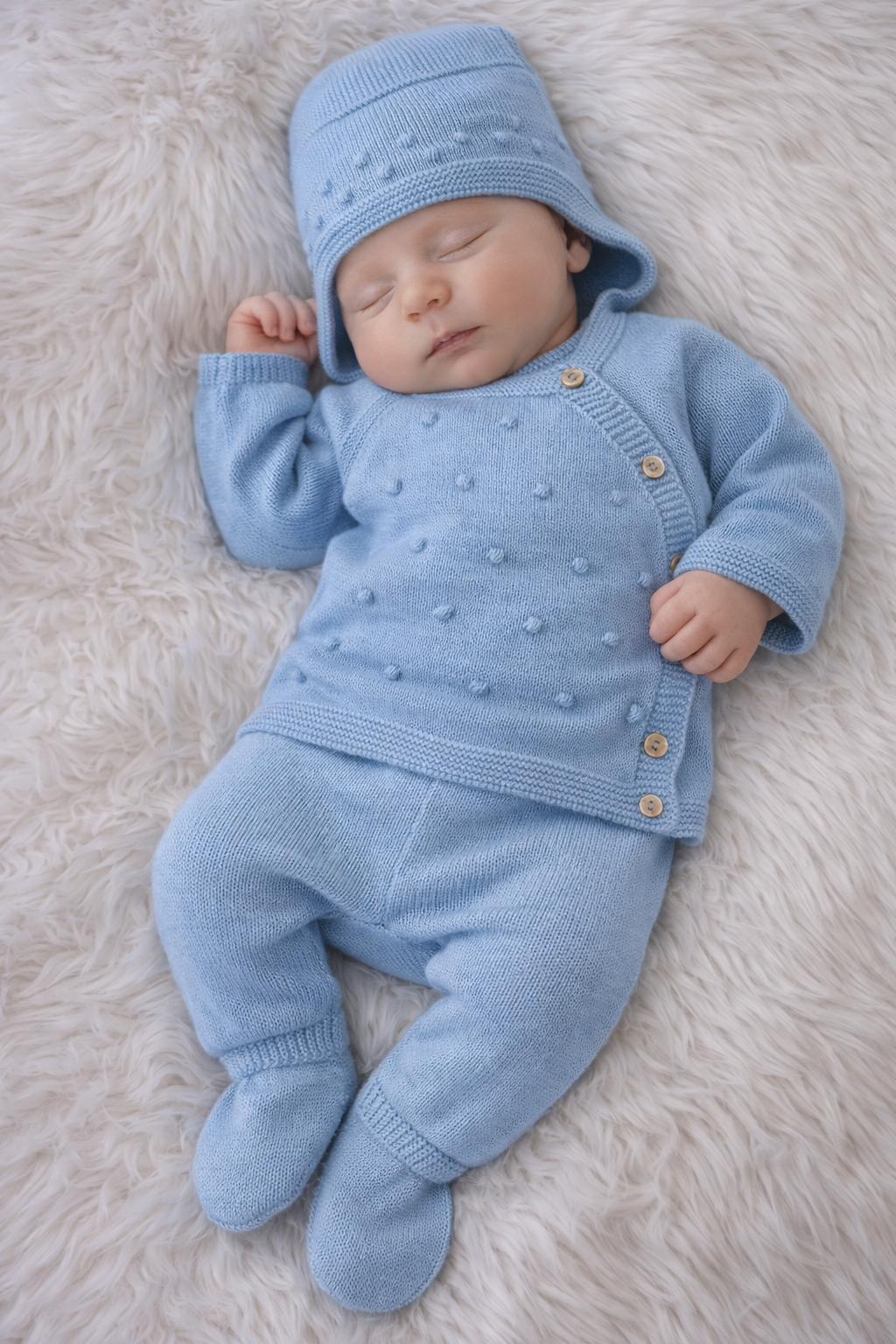 Bebé com roupa de malha azul clara deitado sobre manta felpuda branca