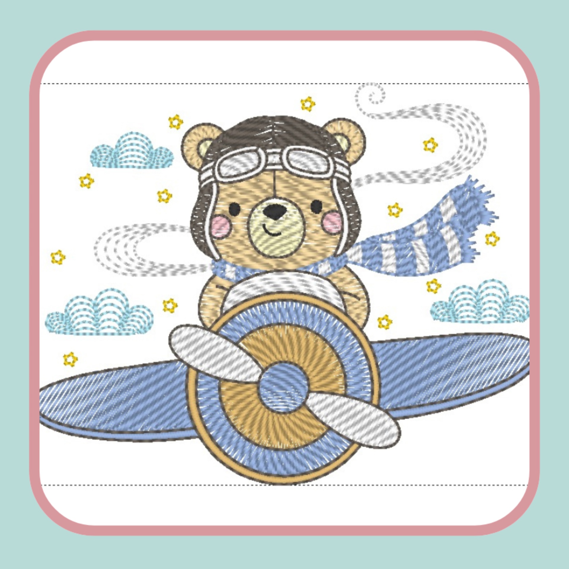 Ursinho aviador bordado numa asa delta azul e amarela com nuvens e estrelas