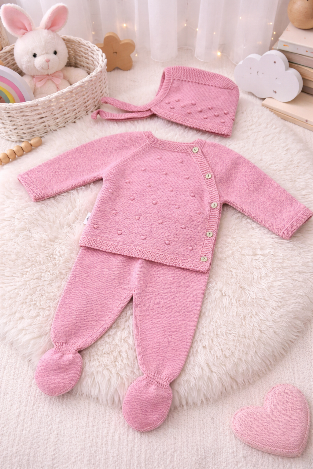 Conjunto de bebé rosa em malha com camisola, calças e gorro sobre tapete branco