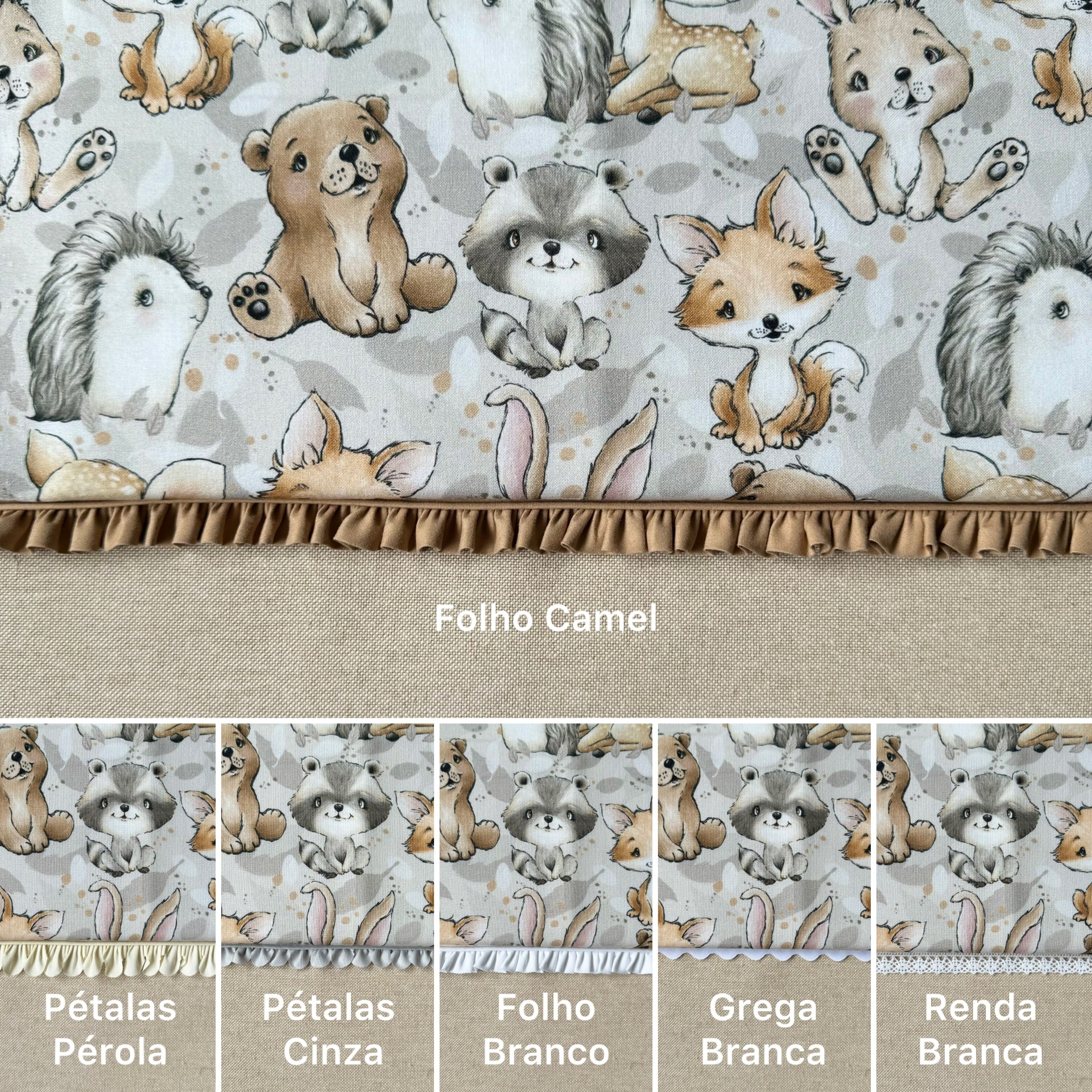 Tecido infantil com padrão de animais fofos e várias opções de acabamentos em fitas e rendas coloridas