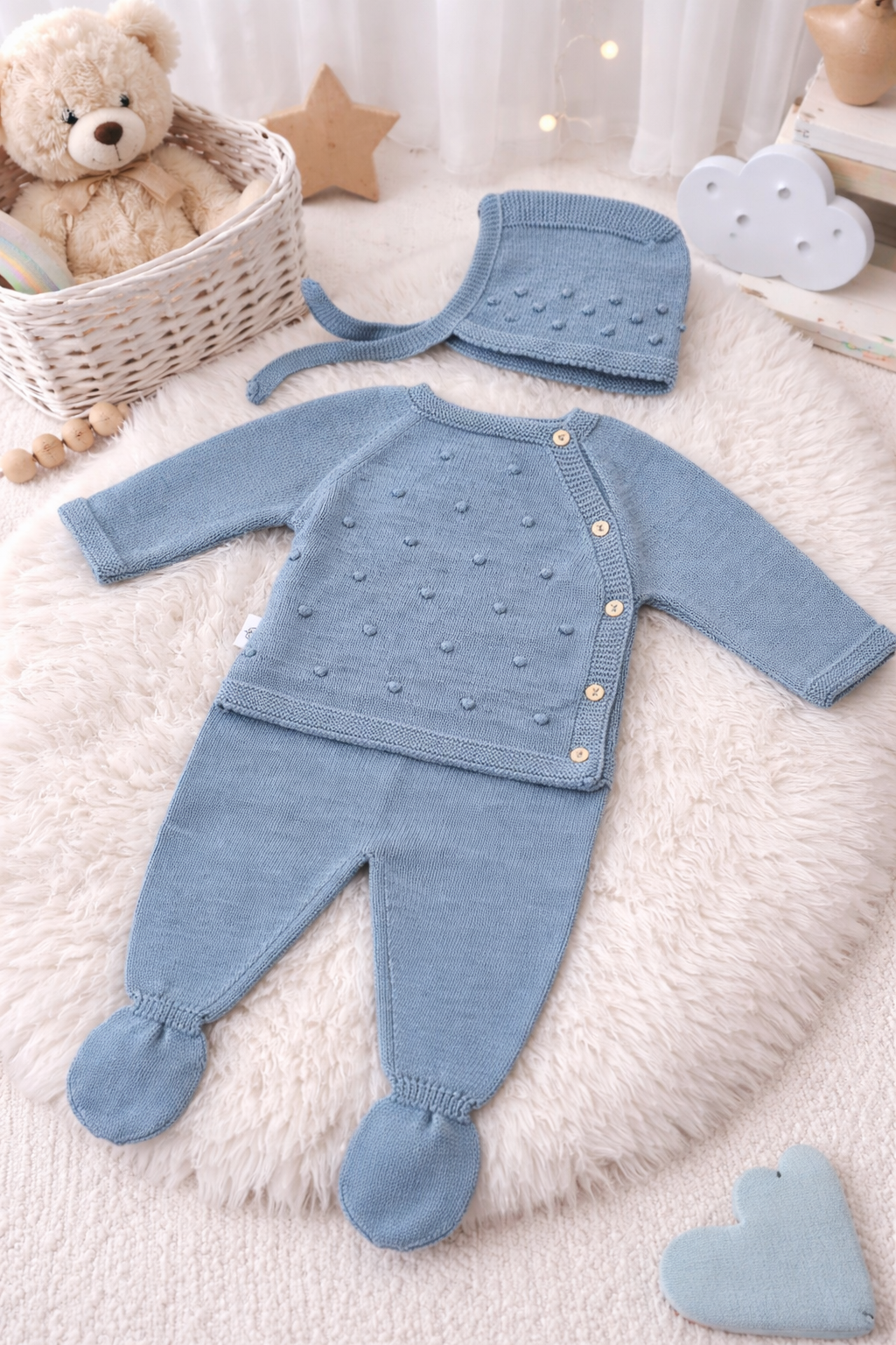 Conjunto de roupa de bebé azul clara em malha com camisola, calças com pés e gorro, sobre tapete felpudo claro