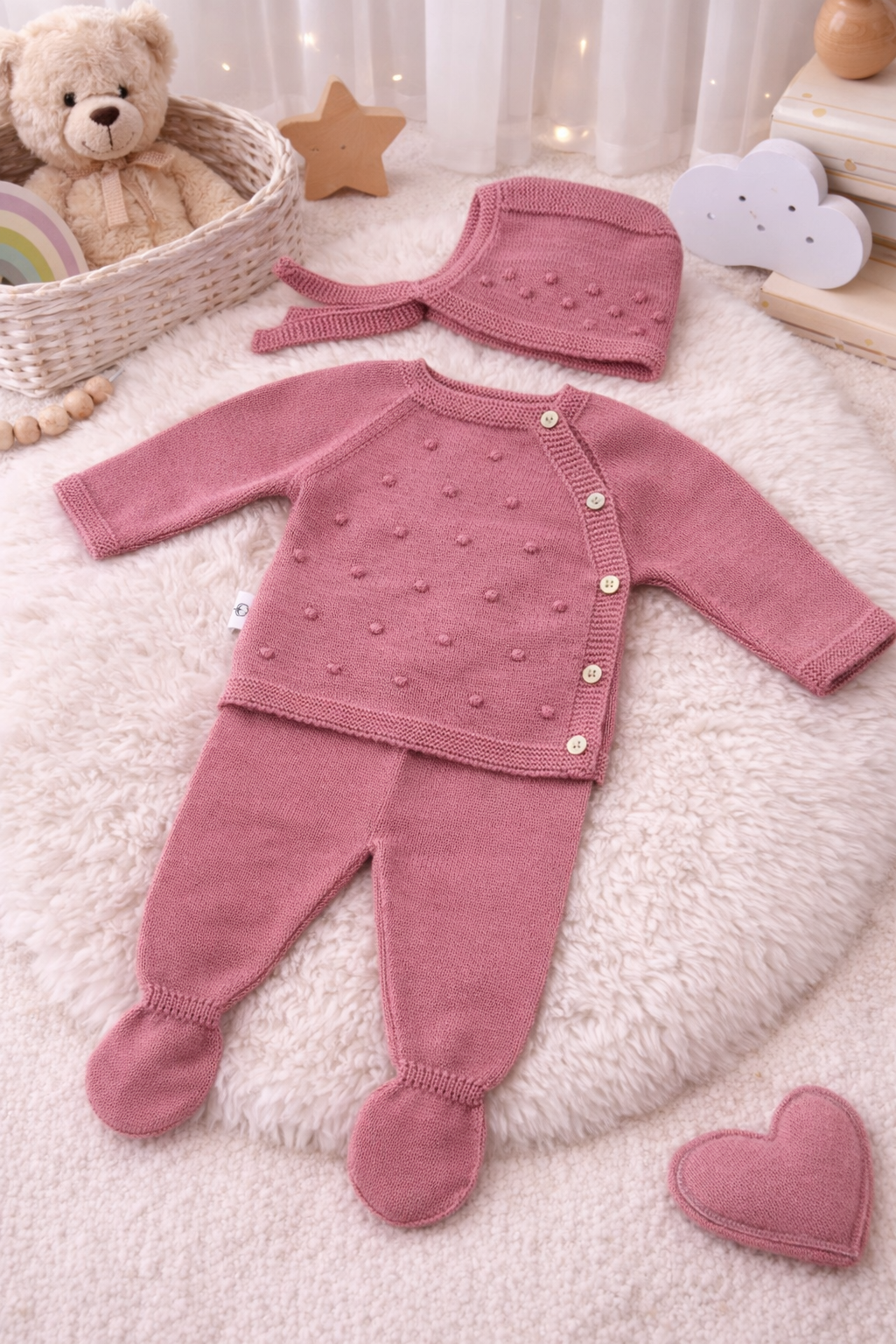 Conjunto de roupa bebé malha rosa com casaco, calças e gorro sobre tapete branco