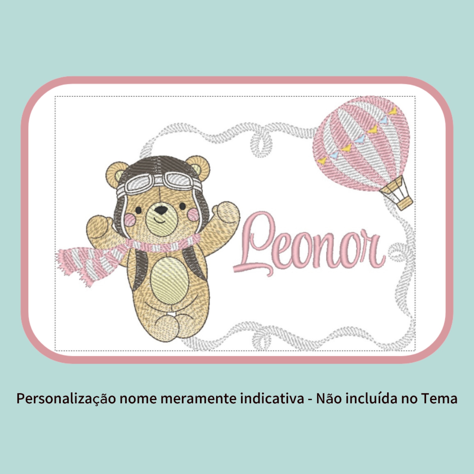 Ilustração bordada de ursinho com balão e nome Leonor