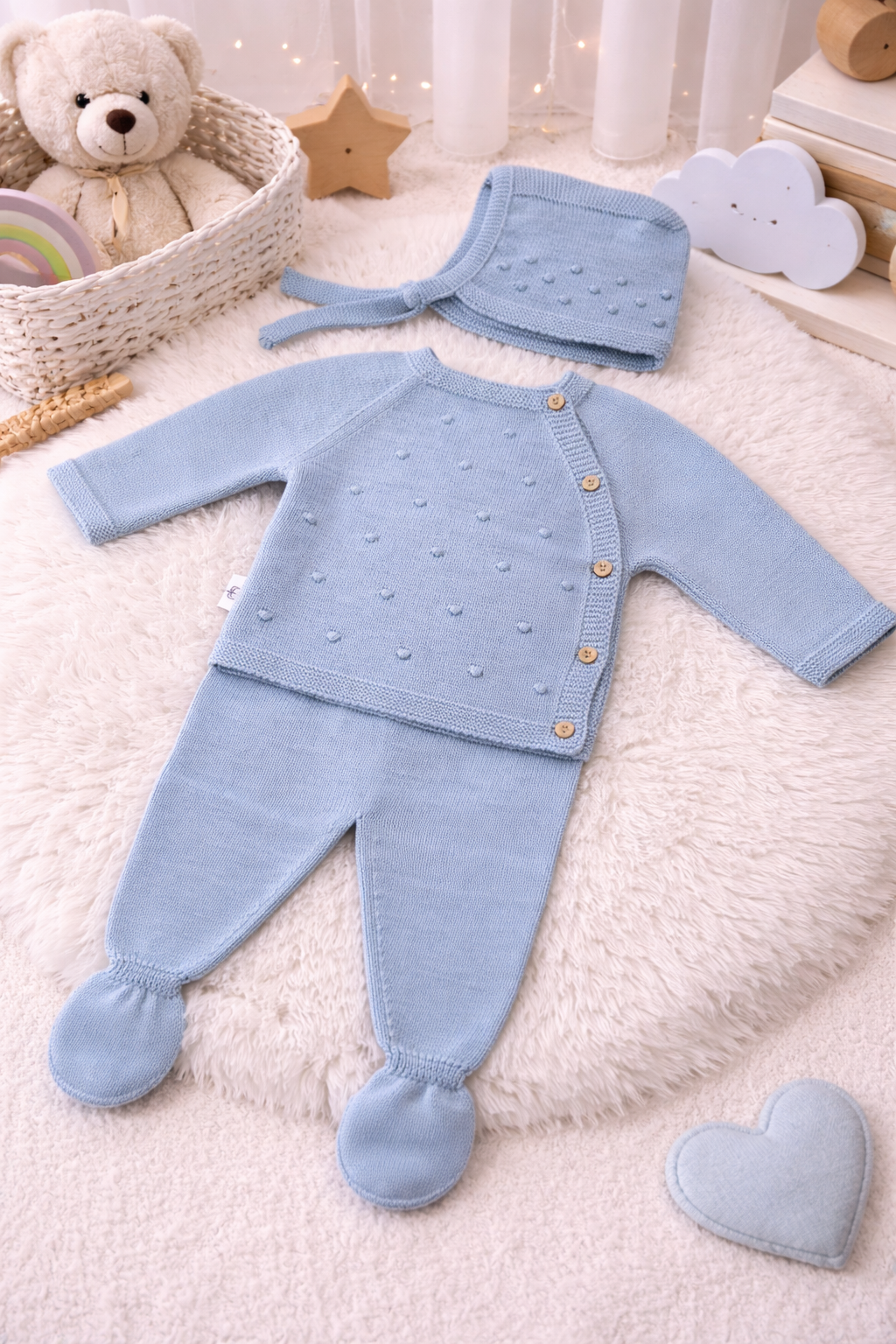 Roupa de bebé azul clara em malha com camisola, calças e gorro sobre tapete felpudo branco