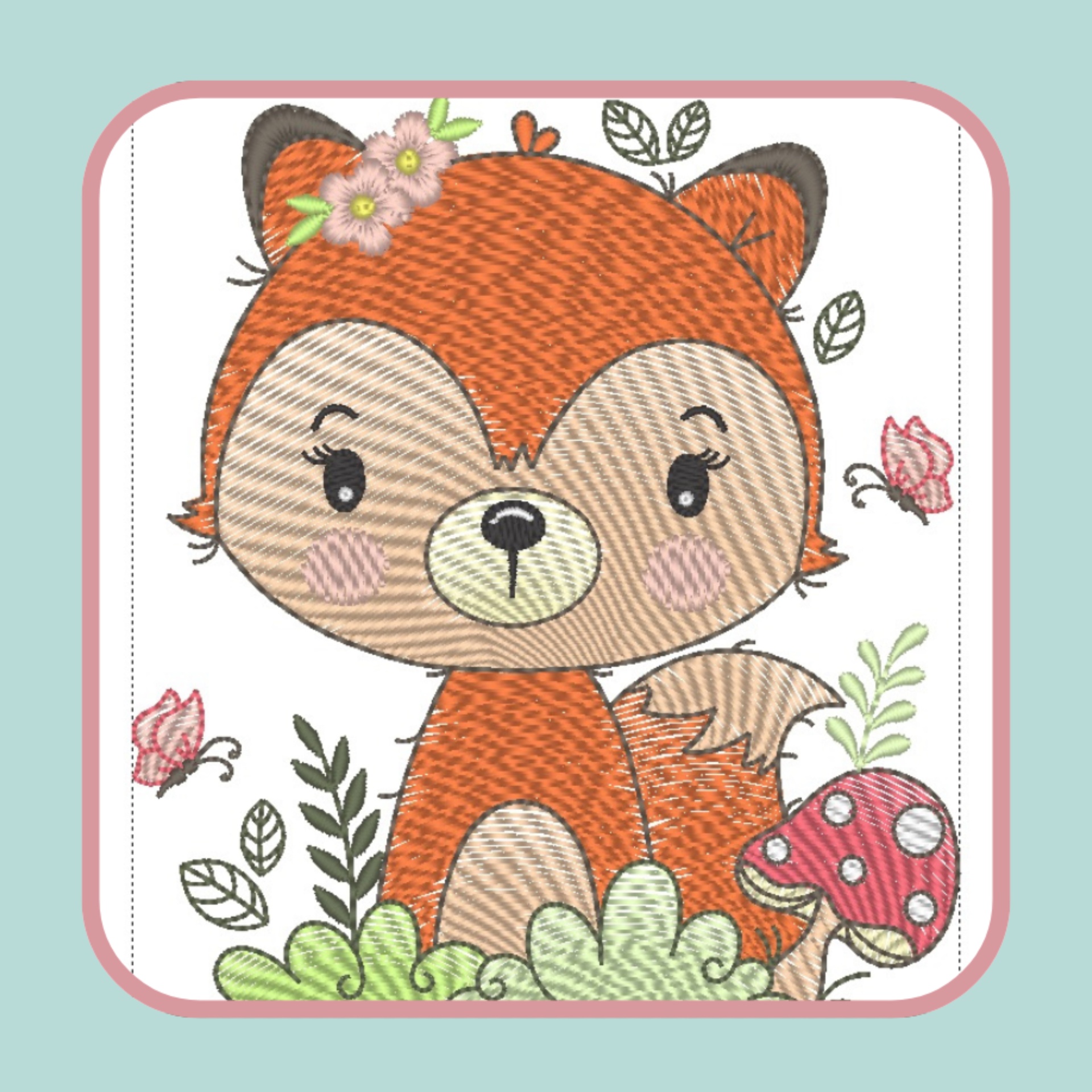 Desenho de raposa laranja com flores e cogumelo em fundo azul