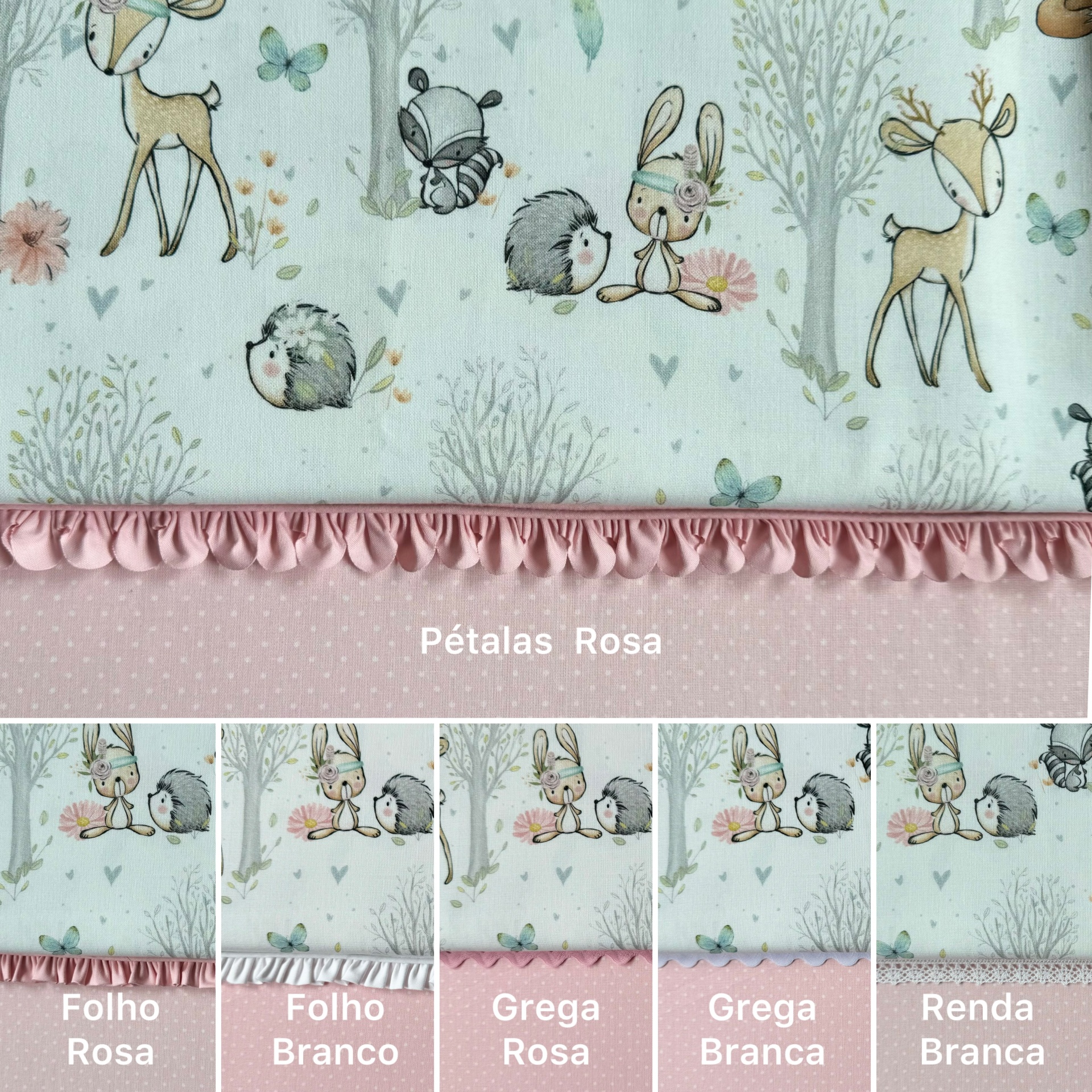 Tecido infantil com animais, plantas, base rosa e diferentes acabamentos decorativos