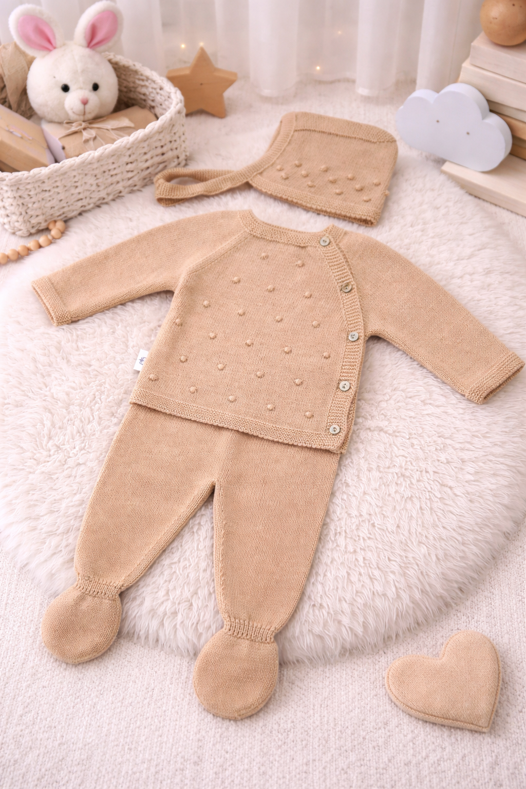 Conjunto de roupa de bebé bege em malha com camisola, calças e touca sobre manta felpuda