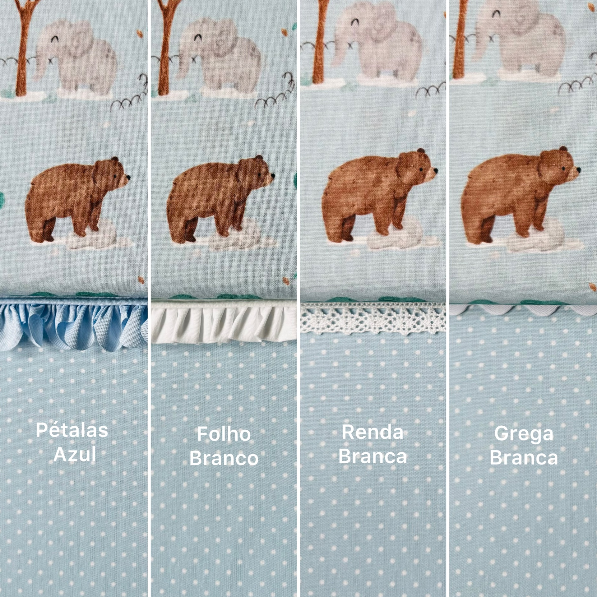Tecido azul com padrões de ursos e elefantes e quatro acabamentos diferentes em branco e azul