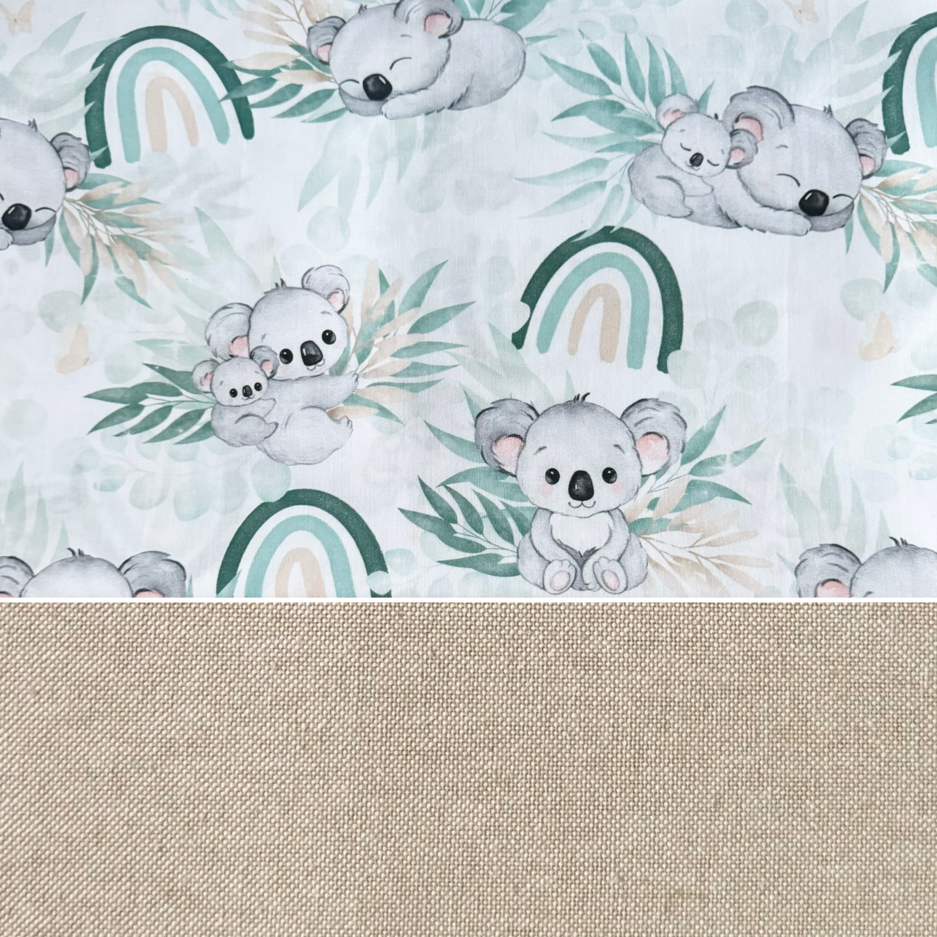 Tecido com estampado de coalas e arco-íris combinado com tecido bege liso