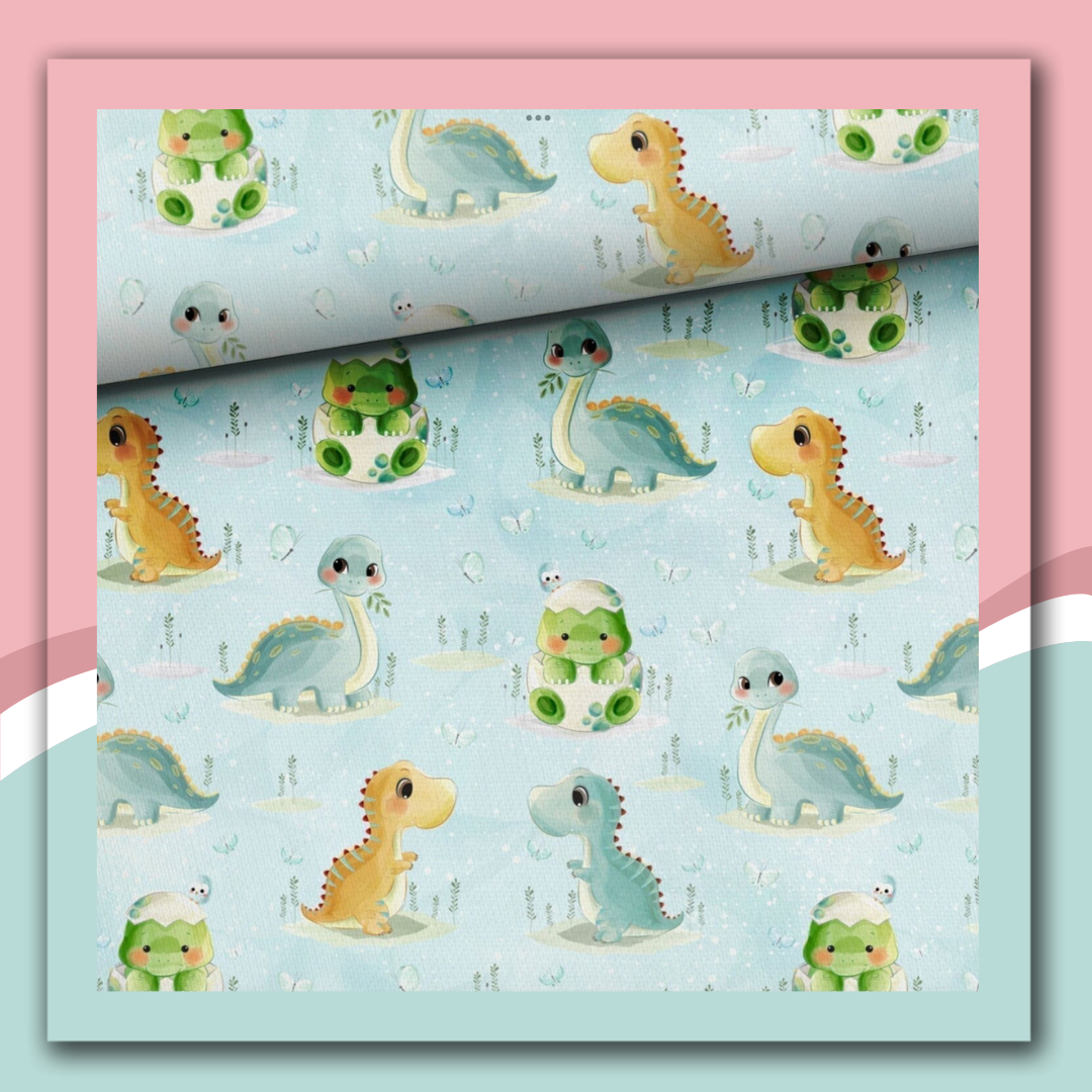 tecido padrão infantil dinossauros coloridos cartoon fundo azul claro