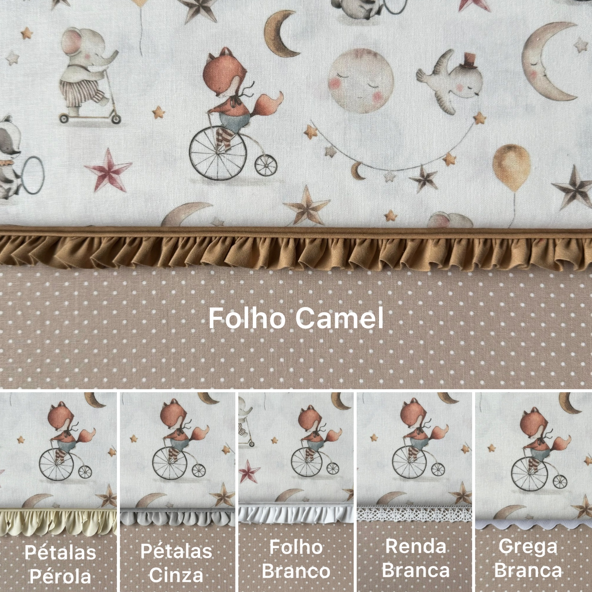 tecidos infantis com estampas de animais e diferentes tipos de acabamentos inferiores em cores neutras e detalhes bordados