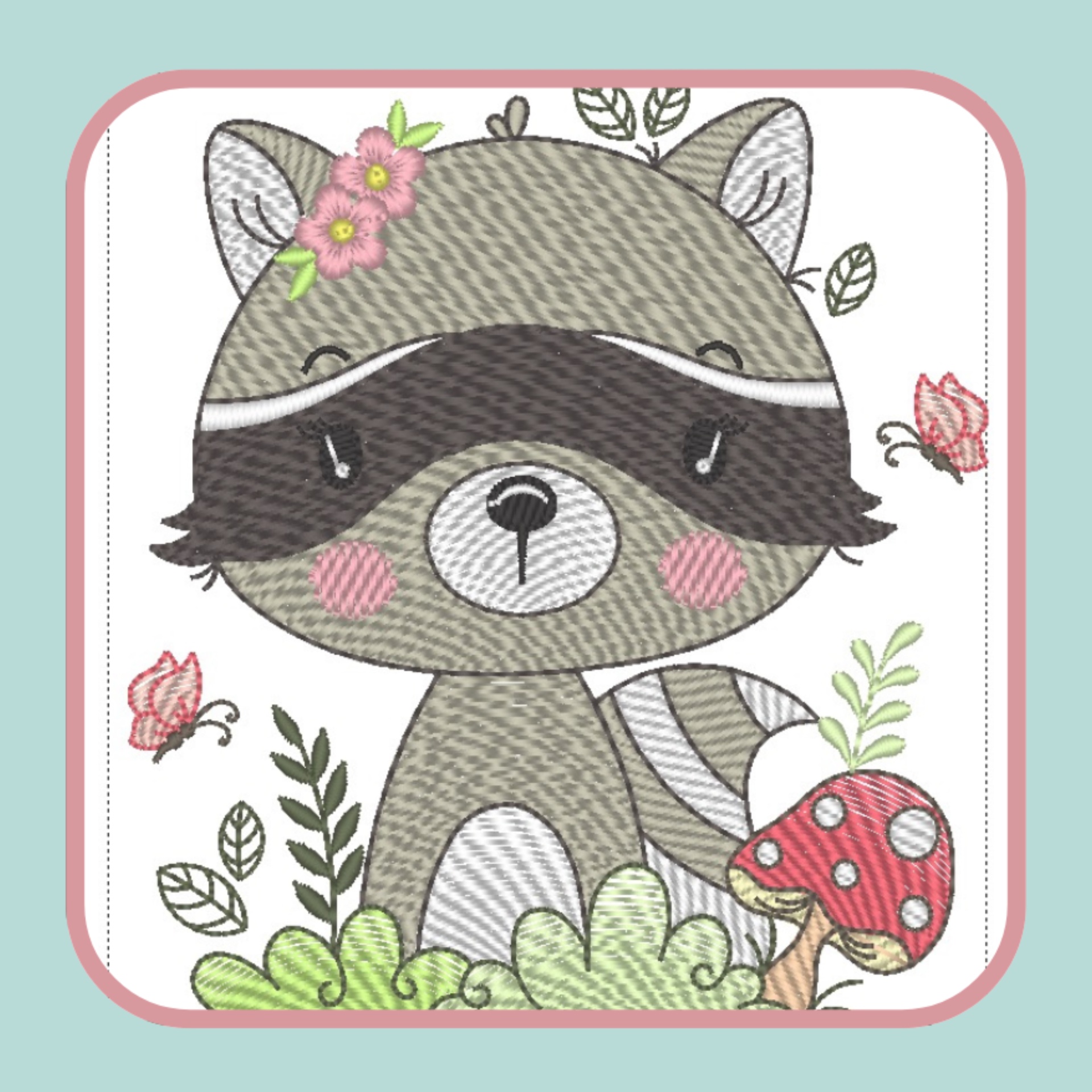 Ilustração de guaxinim estilizado com flores, cogumelo e borboletas