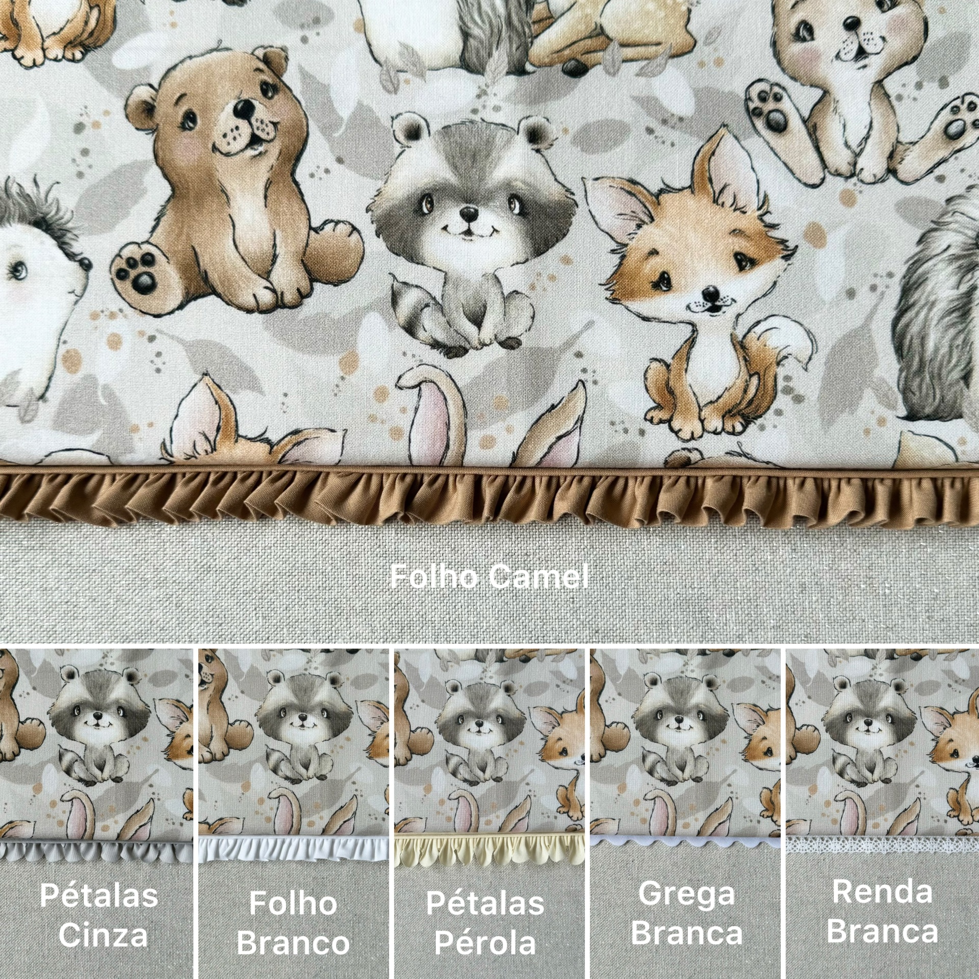 Pano com padrão de animais bebés e amostras de tecidos em várias cores