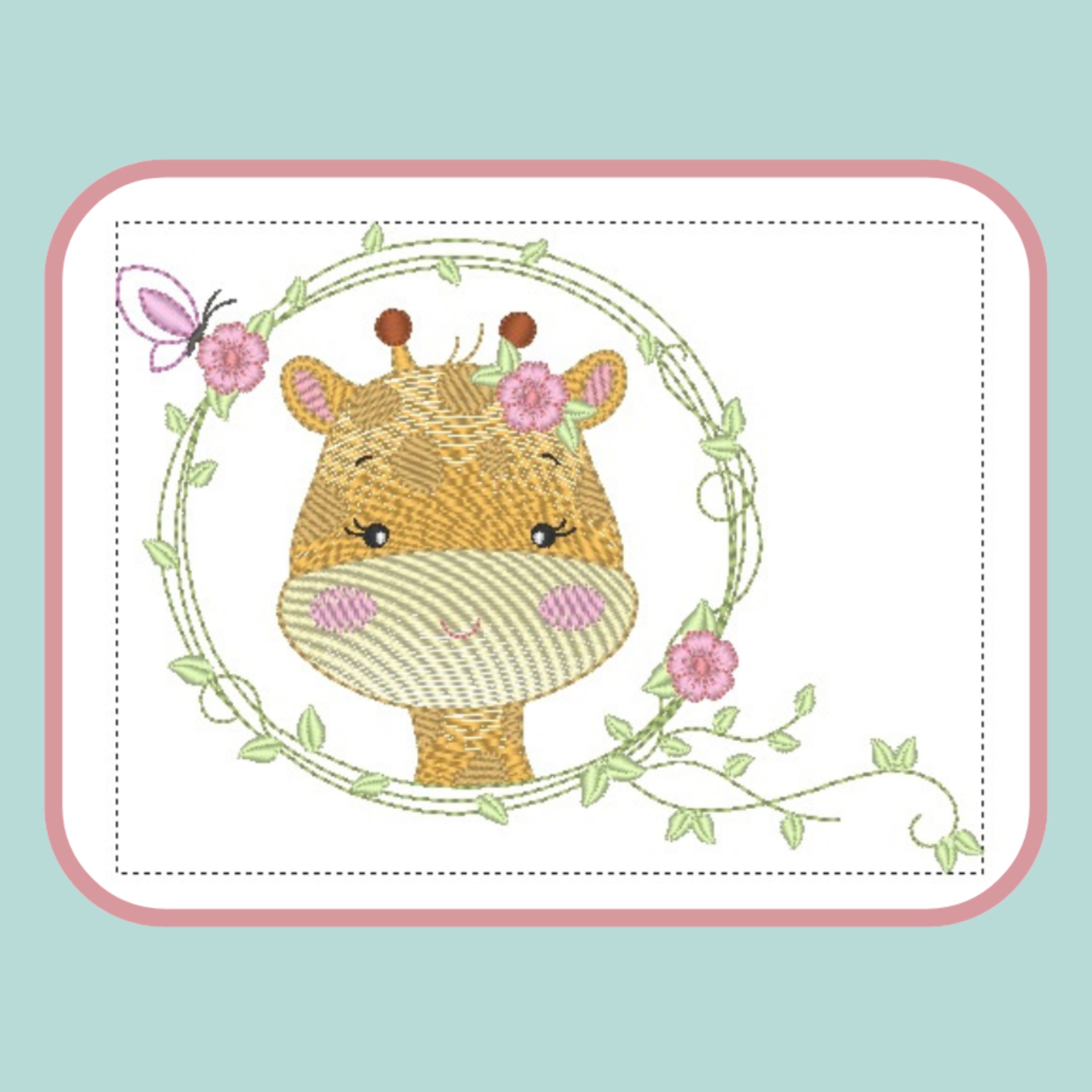 Bordado de girafa com flores e borboleta em fundo verde claro