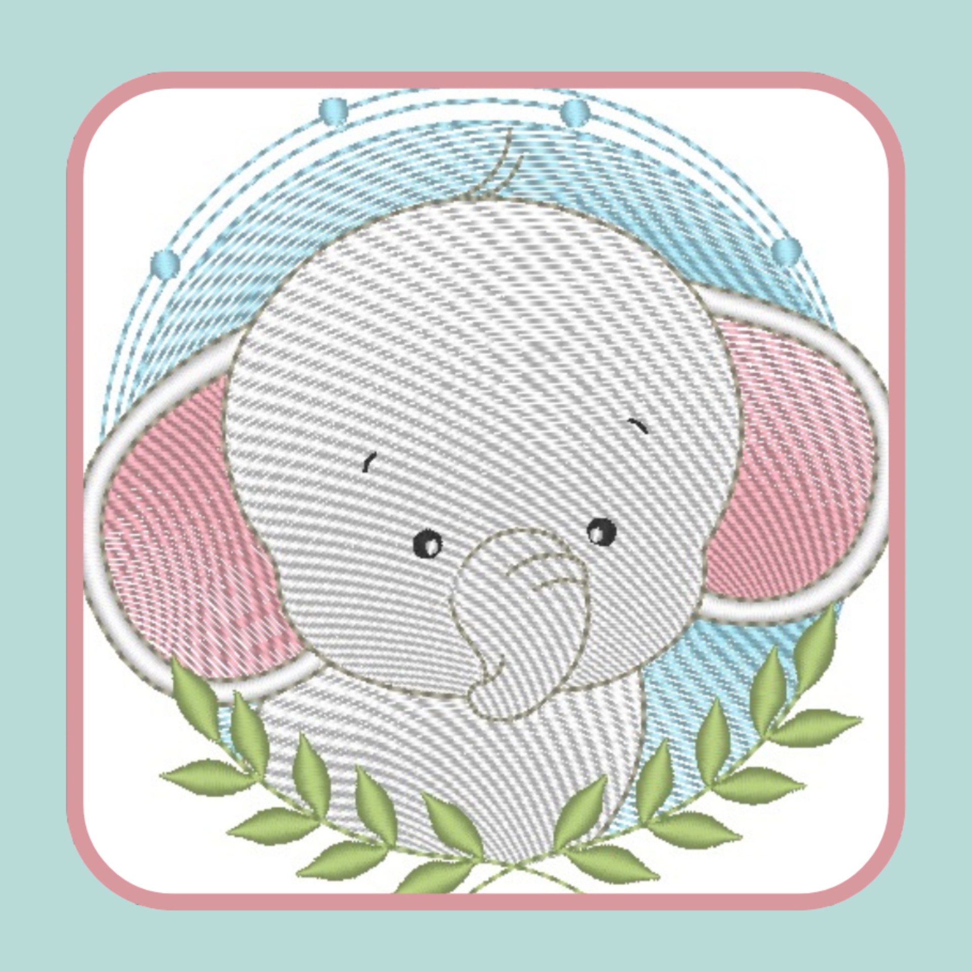 Bordado de elefante bebé cinzento com orelhas cor-de-rosa e folhas verdes