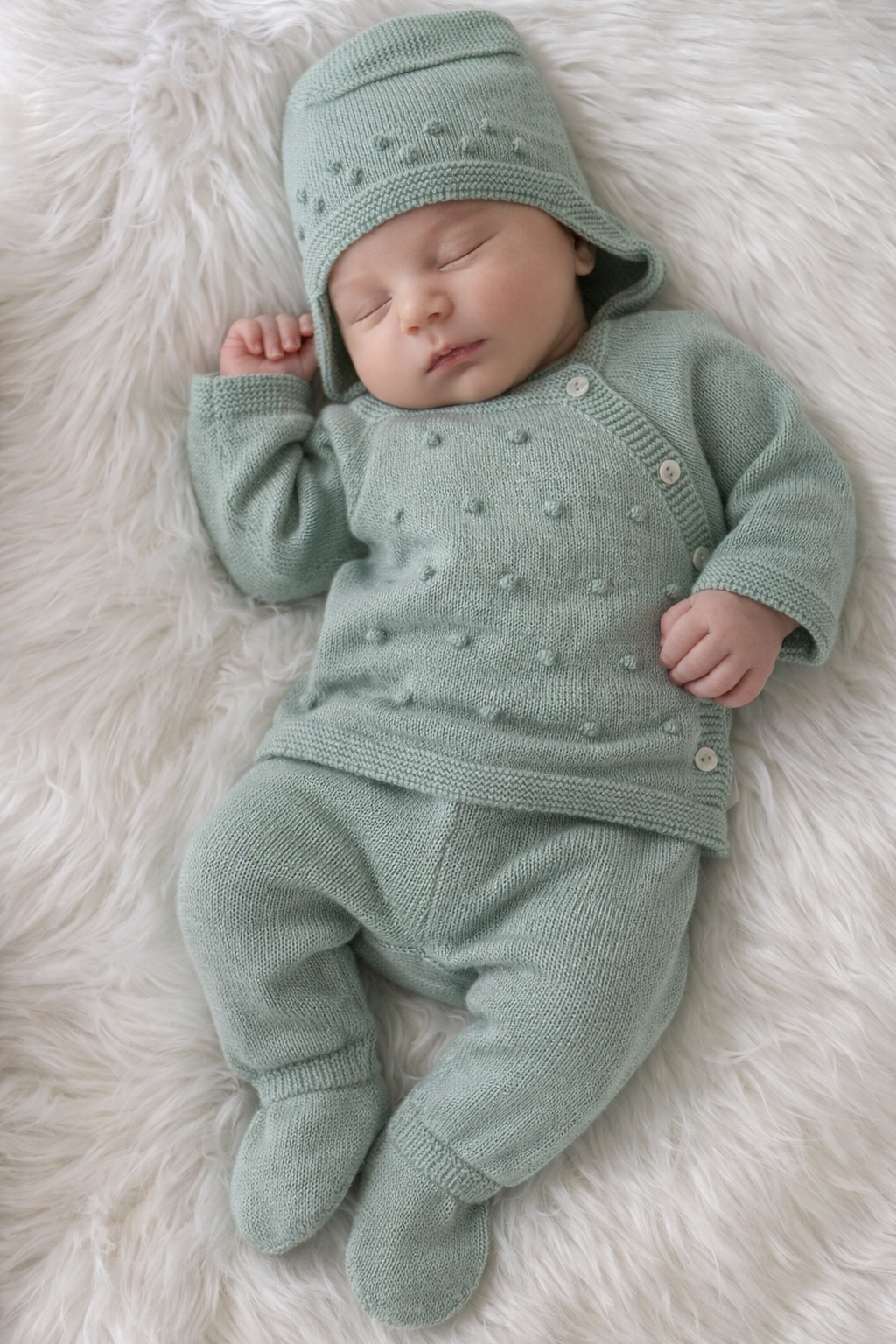 Bebé a dormir com conjunto de malha verde água com casaco, calças e gorro sobre tapete branco felpudo