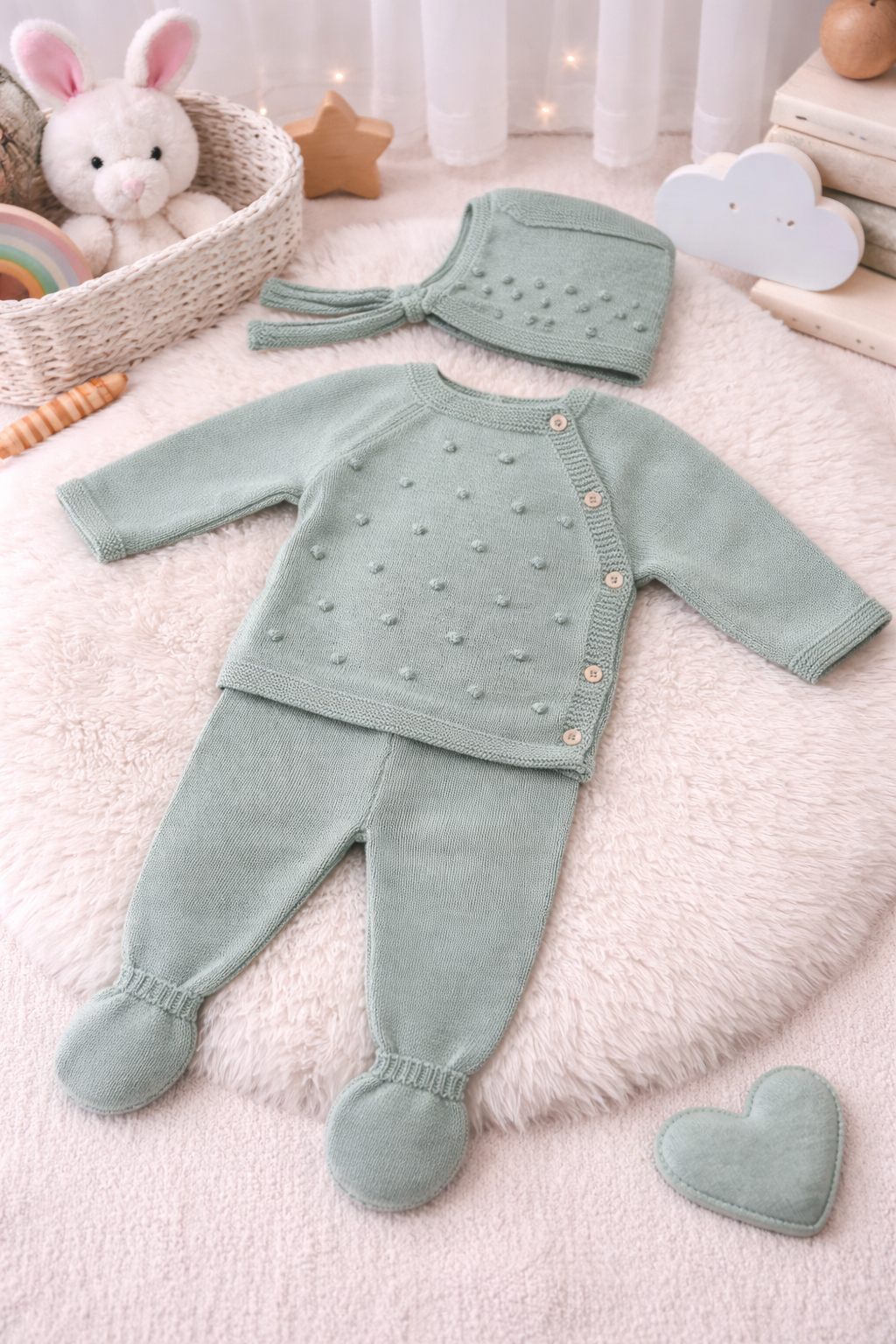 Conjunto de bebé verde claro em malha com camisola, calças com pezinhos e gorro em fundo branco felpudo