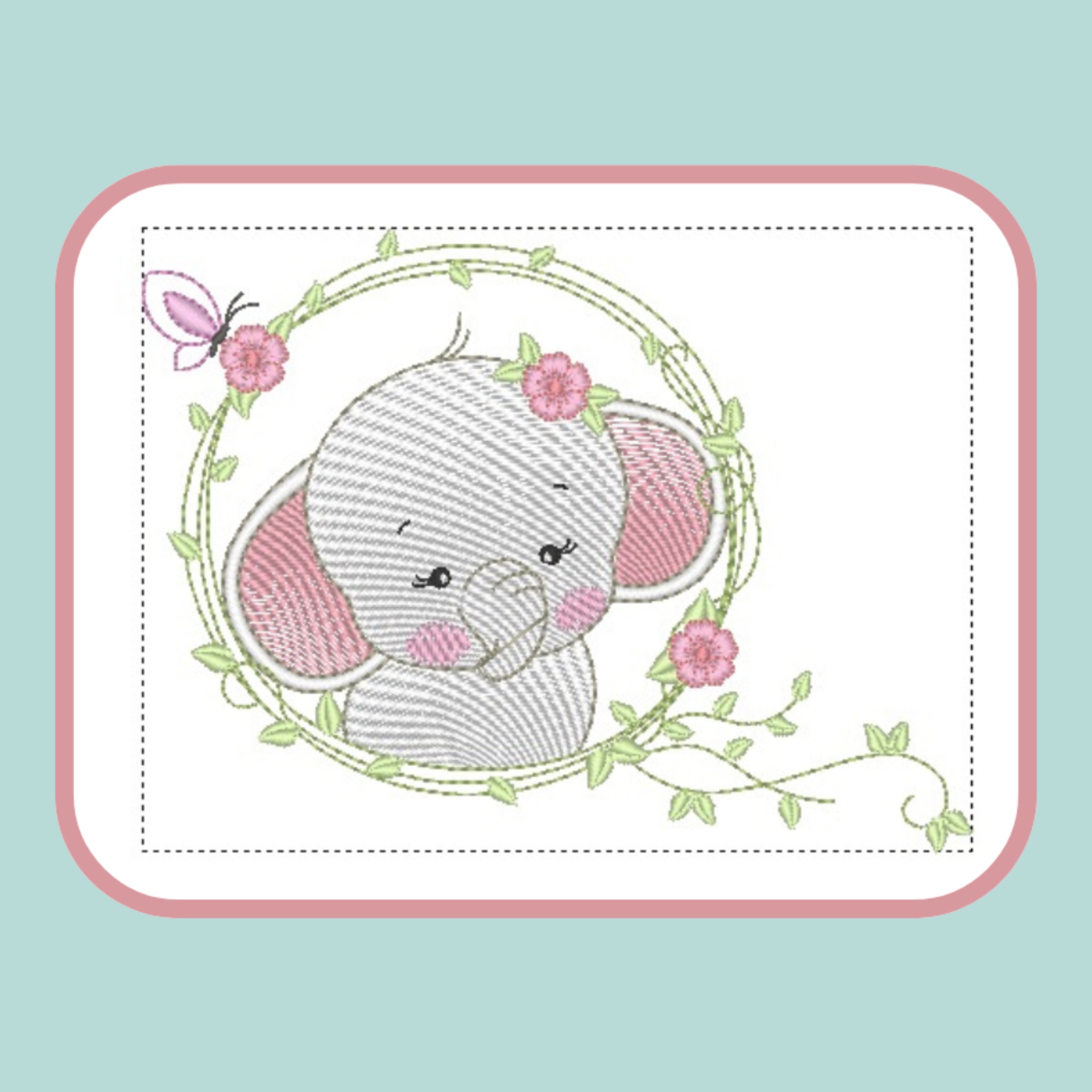 Ilustração bordada de elefante cinzento com flores cor-de-rosa e moldura rosa