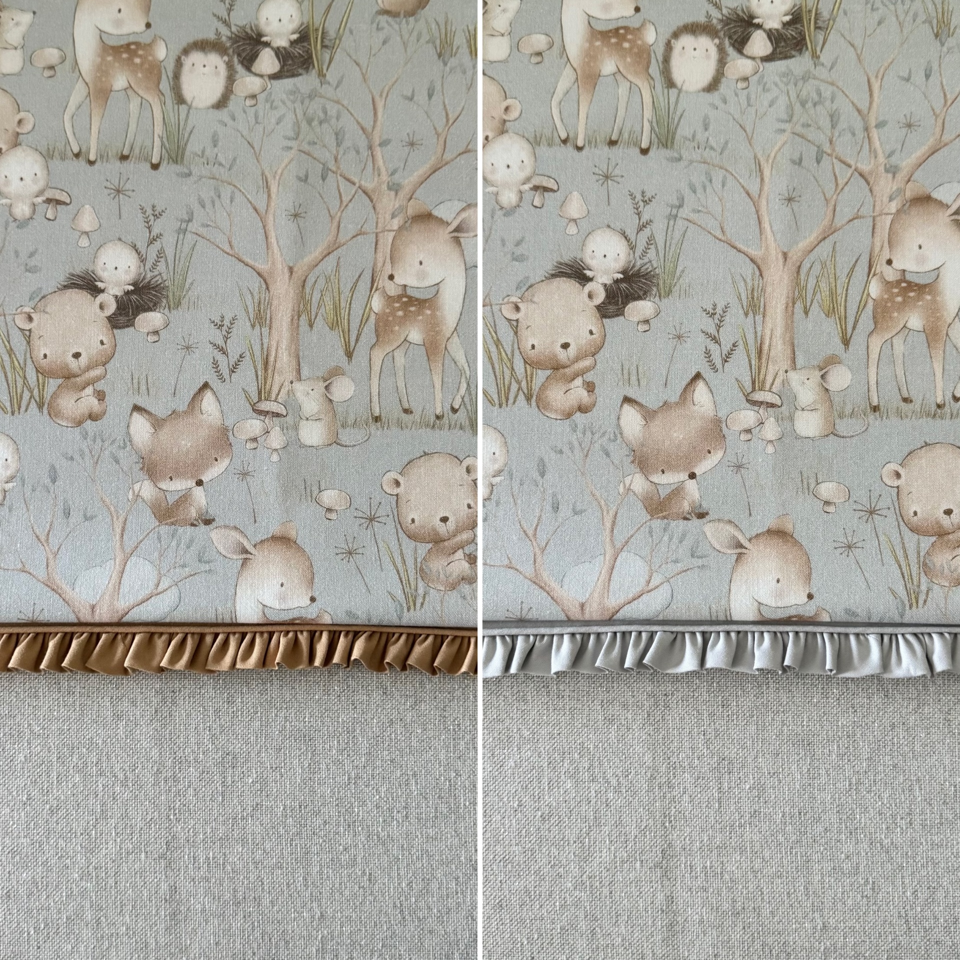 Dois tecidos infantis com padrão de animais e bainhas plissadas castanho e cinzento