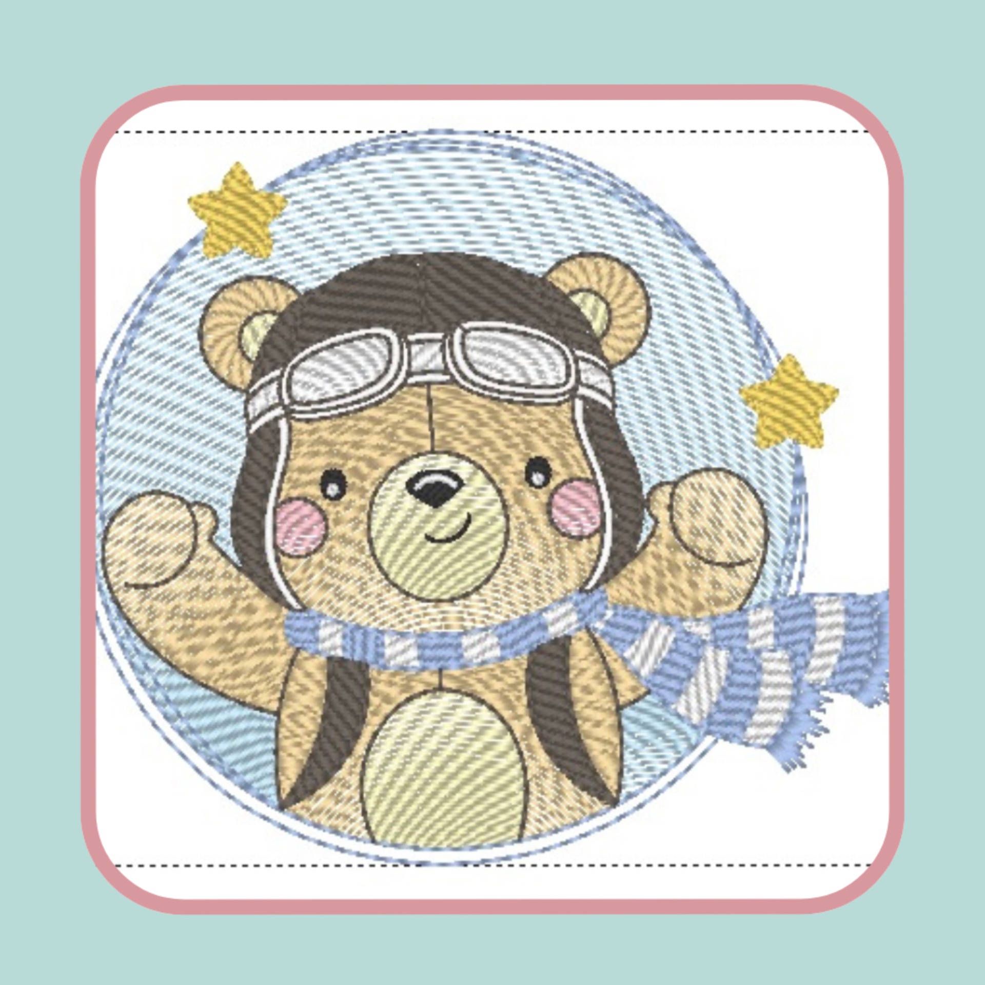 Bordado de urso com capacete e cachecol