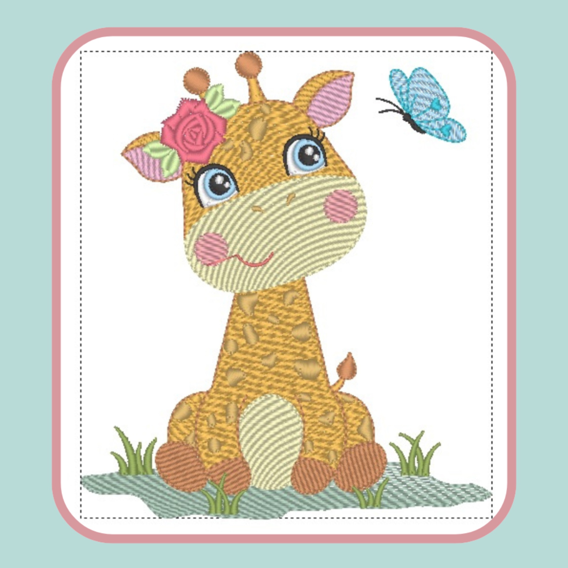 Ilustração de girafa amarela com laço de flores e borboleta azul