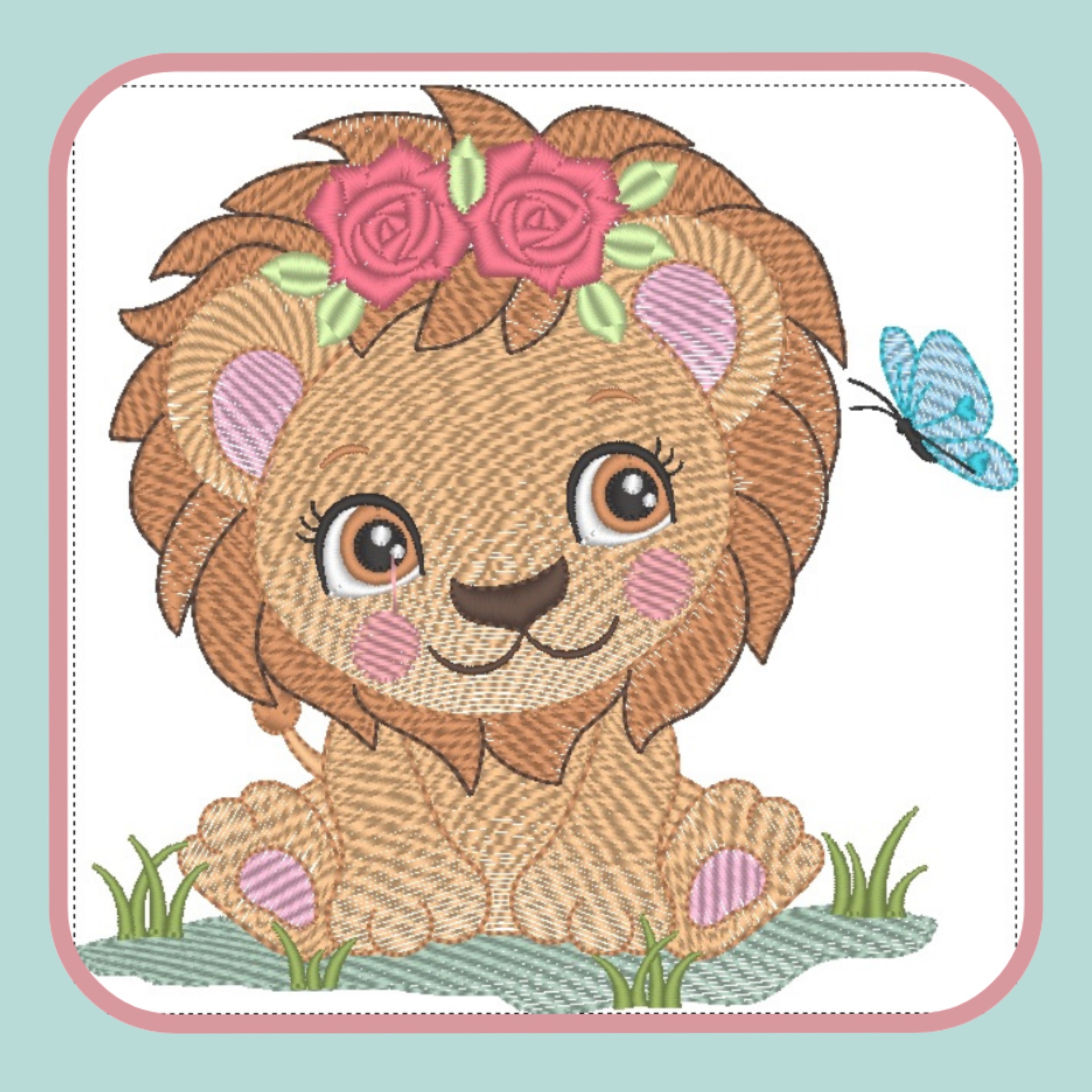 Bordado digital de leãozinho com coroa de flores e borboleta azul