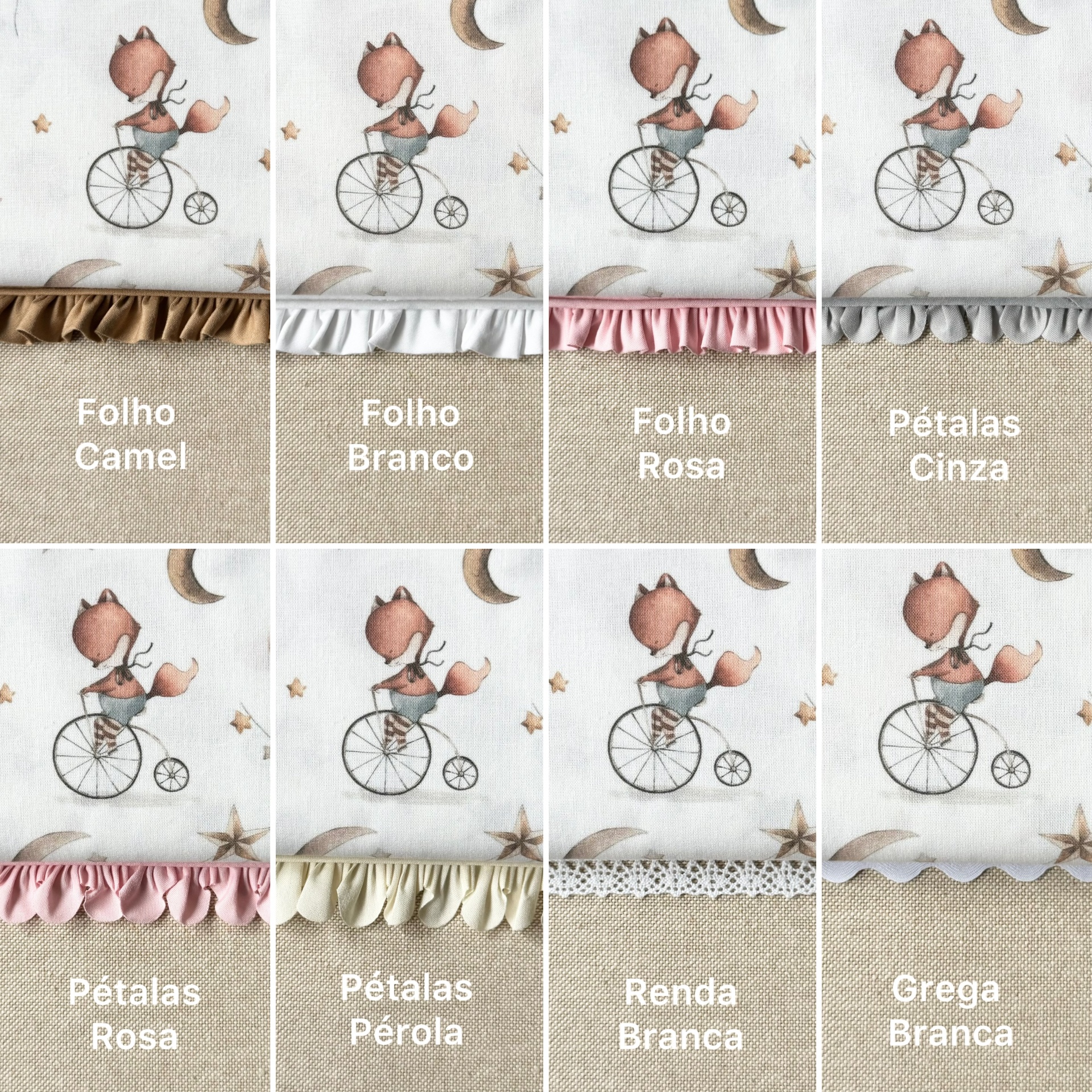 Tecido branco com padrão de raposa em bicicleta e diferentes folhos e rendas em várias cores