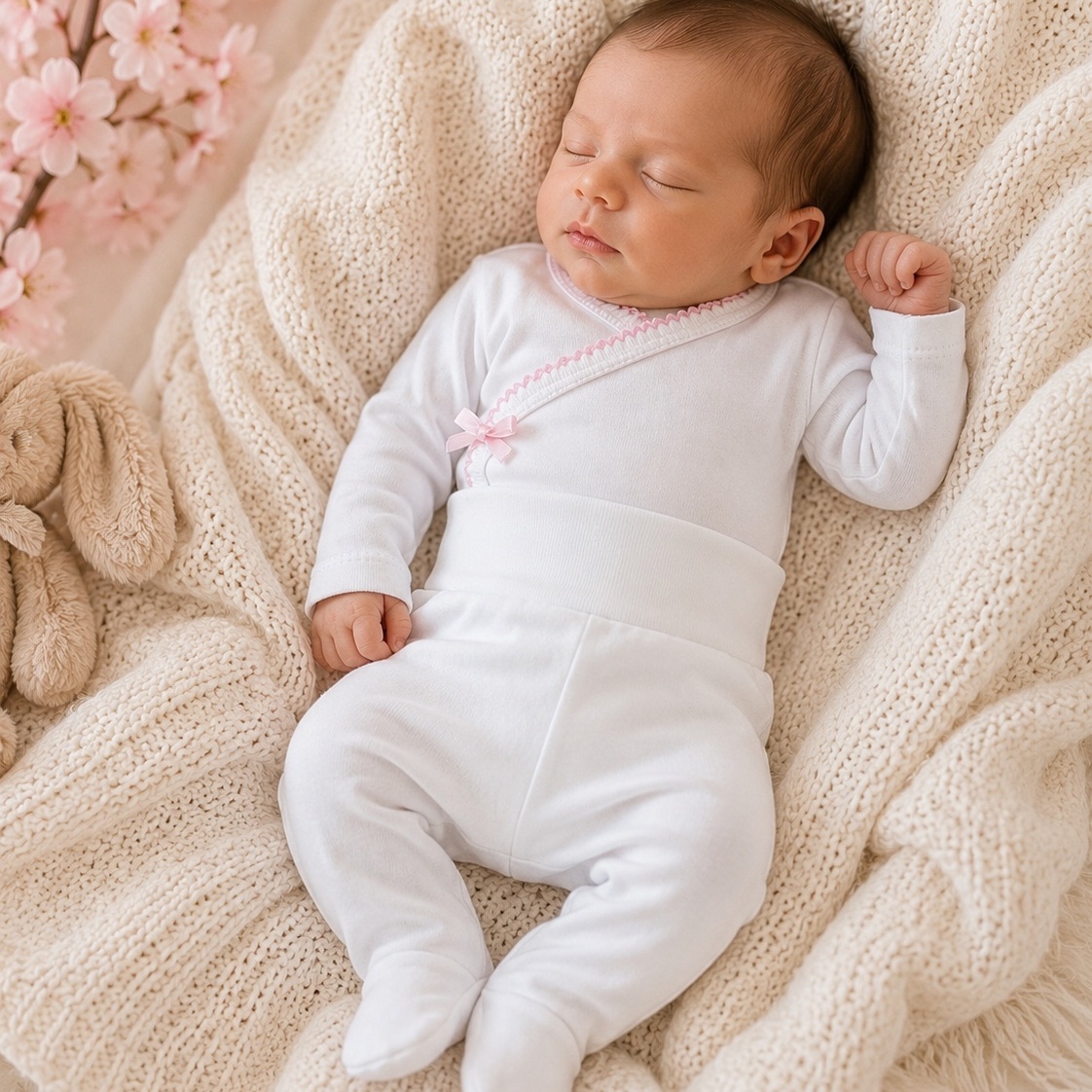 Bebé a dormir vestido com roupa branca sobre manta creme tricotada, com brinquedo de peluche e flores cor-de-rosa ao lado.
