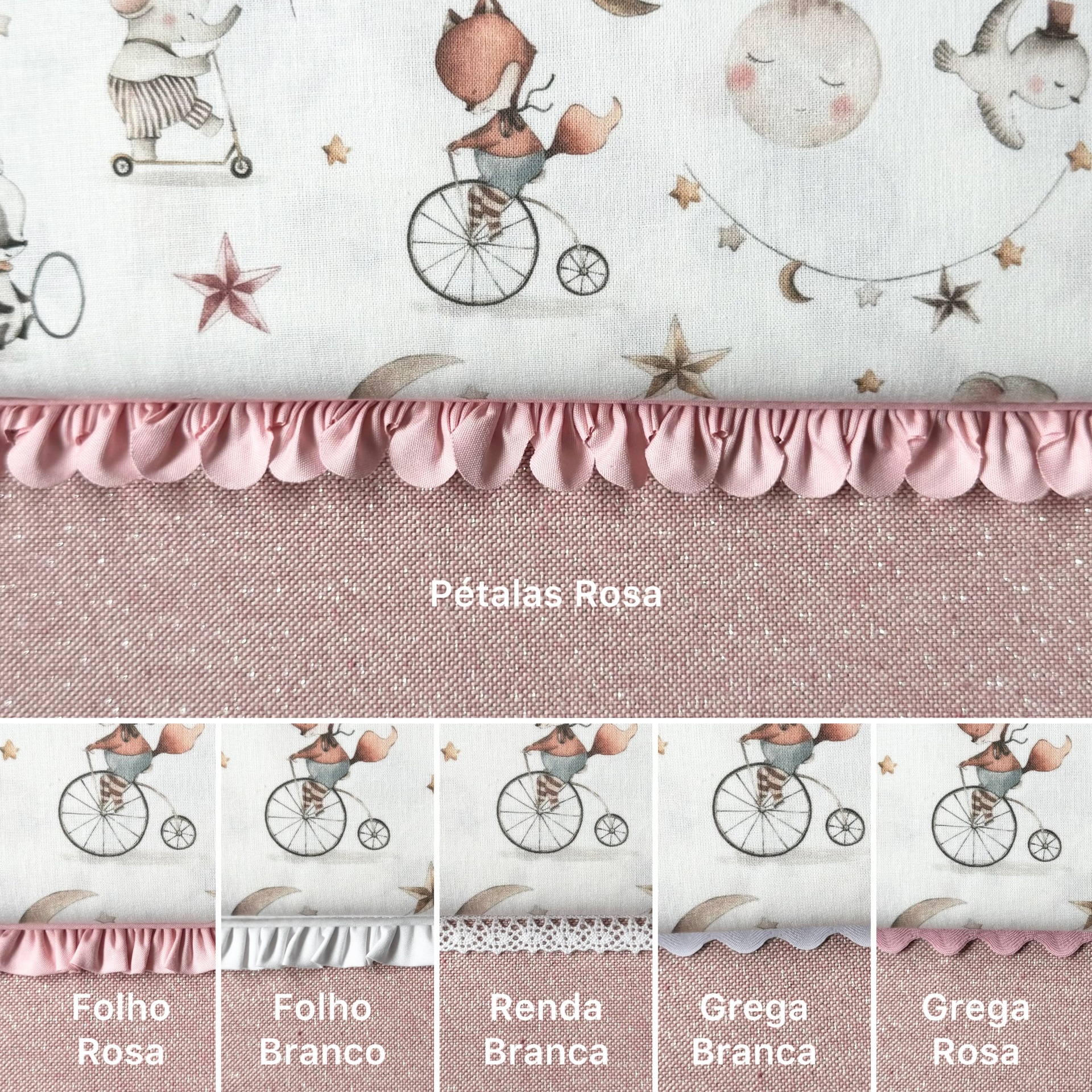 Tecido decorativo infantil com raposas e bordas em rosa e branco