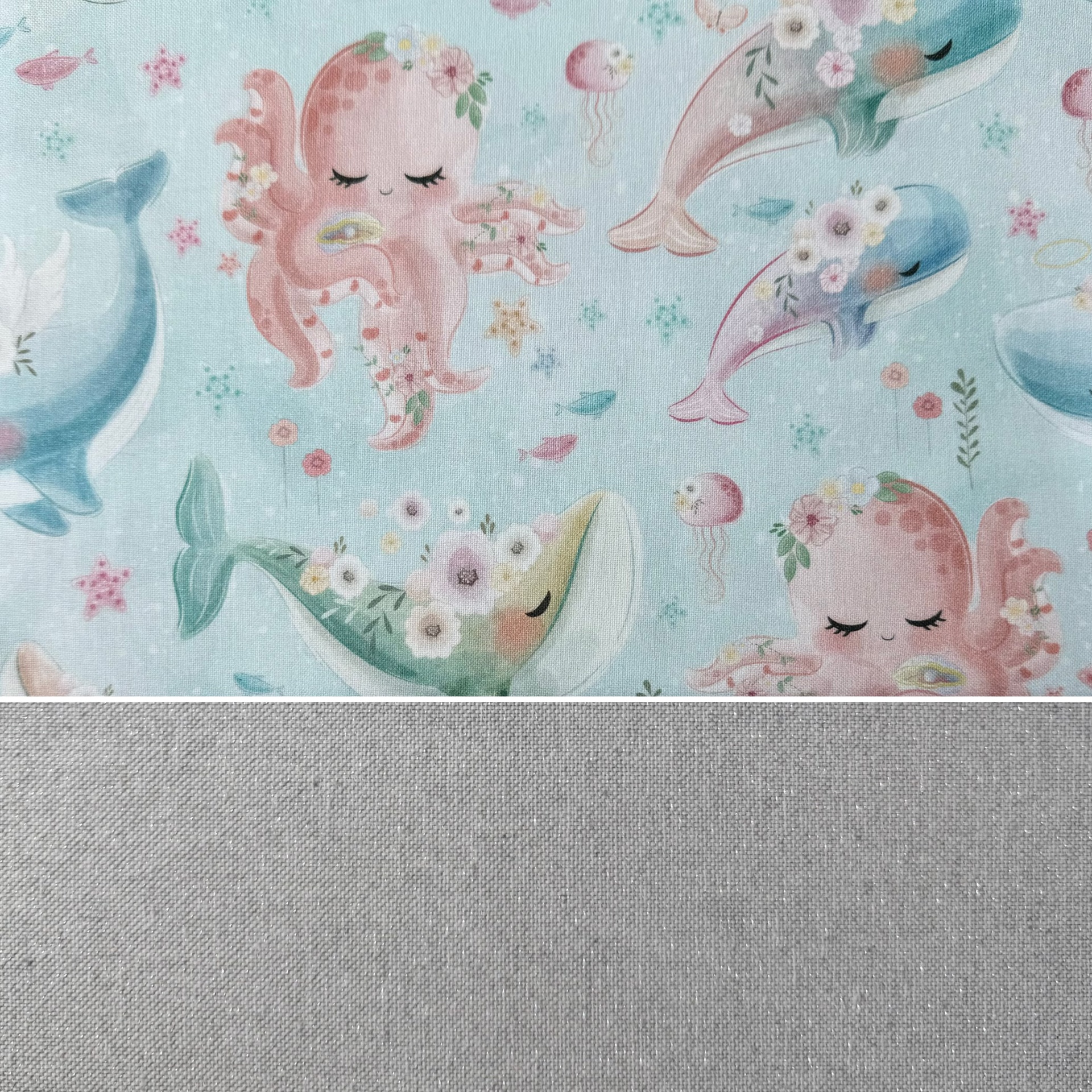 Dois tecidos, um com padrão marinho colorido e outro liso cinza