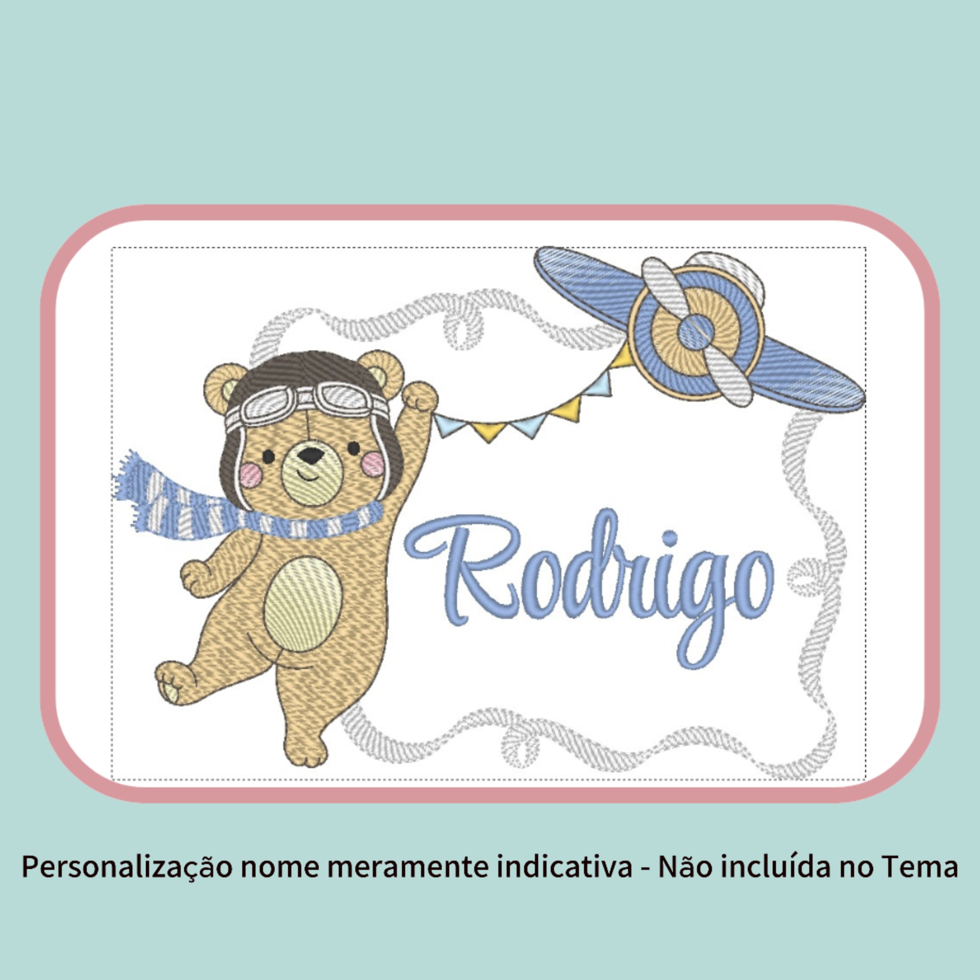Tapete infantil retangular com urso aviador e avião em tons de azul e rosa