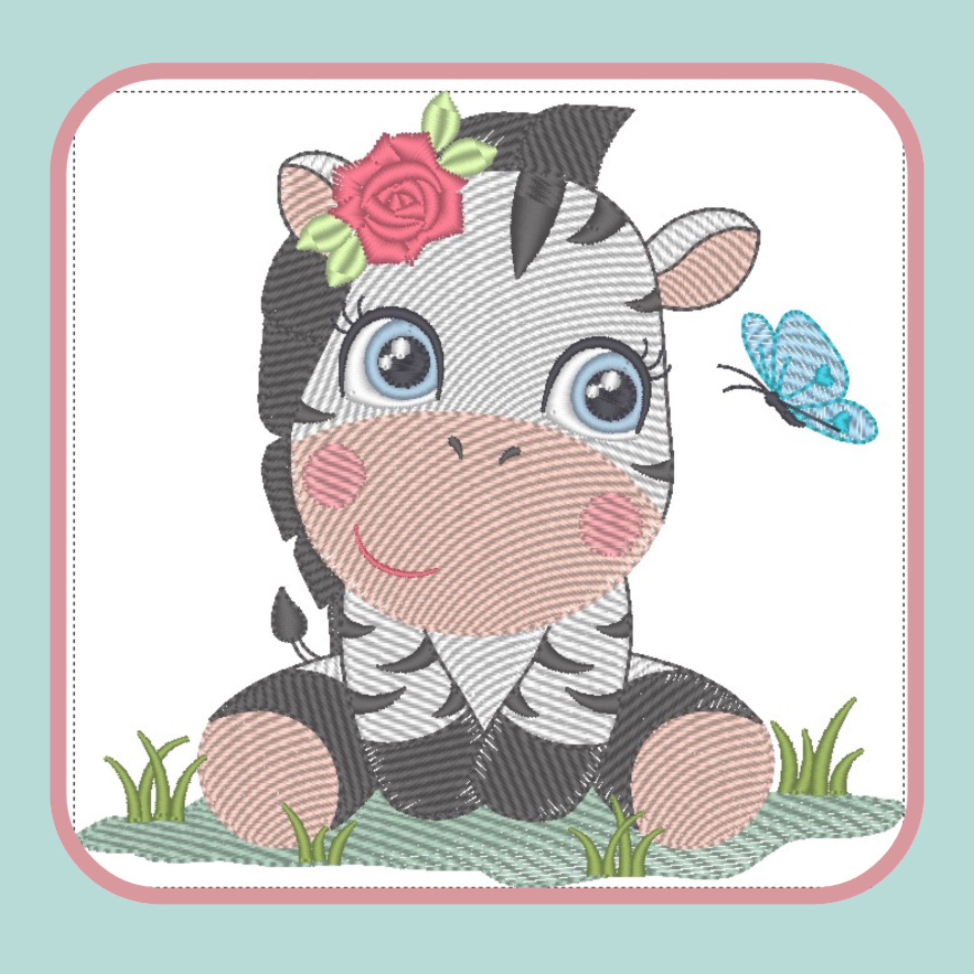 Ilustração bordada de zebra bebé com flor e borboleta