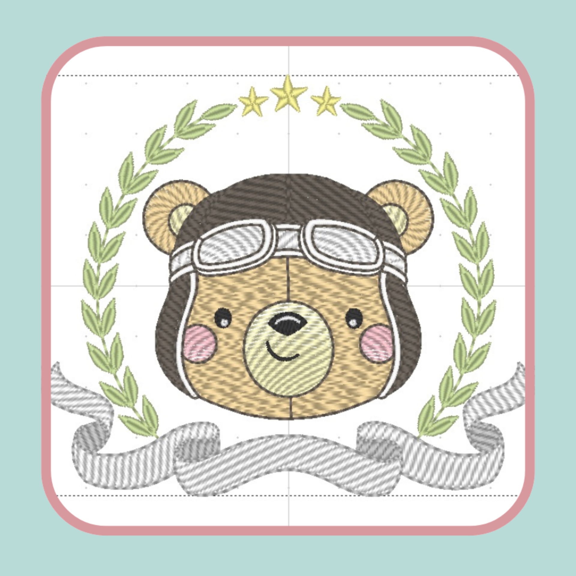 Urso com capacete e óculos de aviador em moldura decorativa