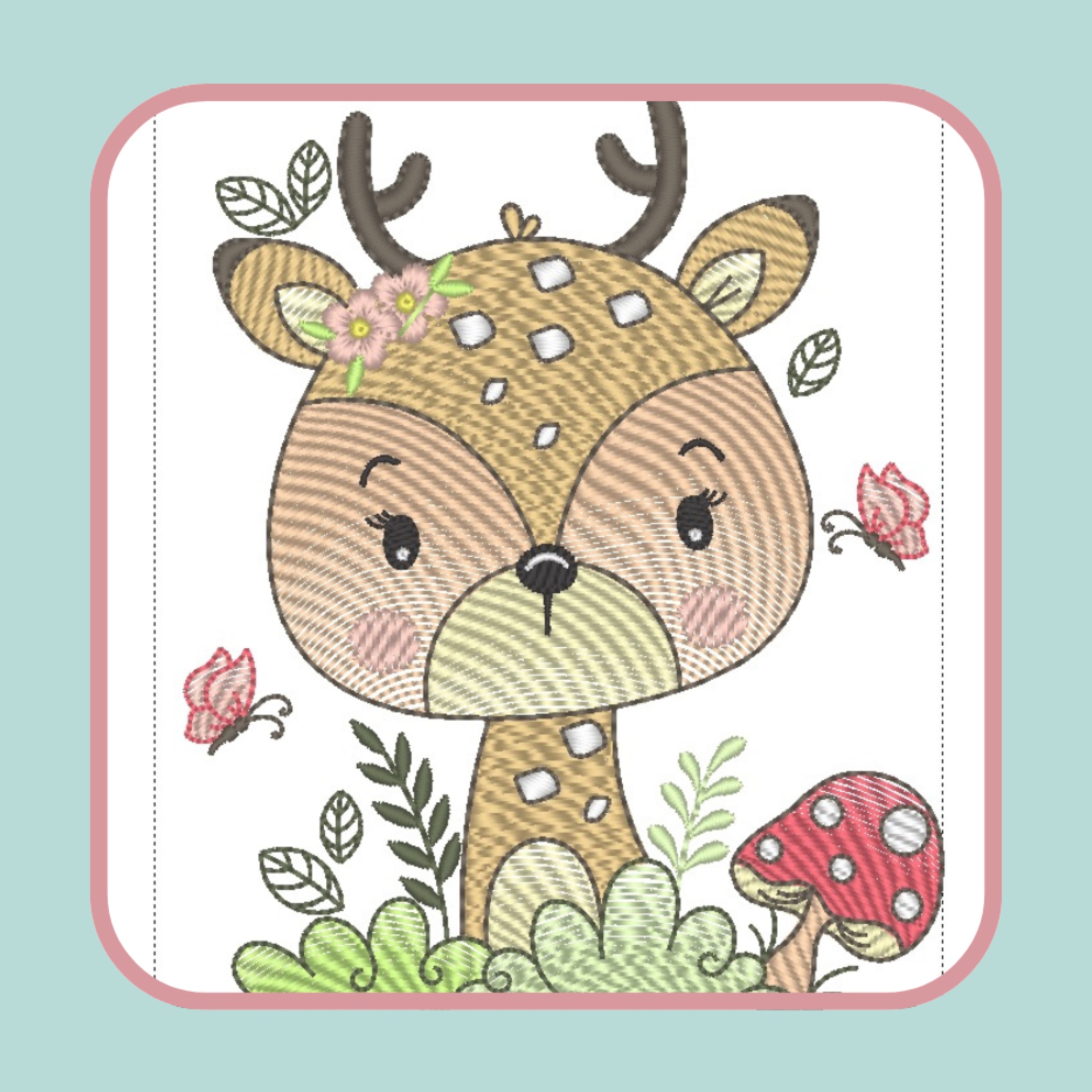 Desenho bordado de veado com flores, folhas, borboletas e cogumelo