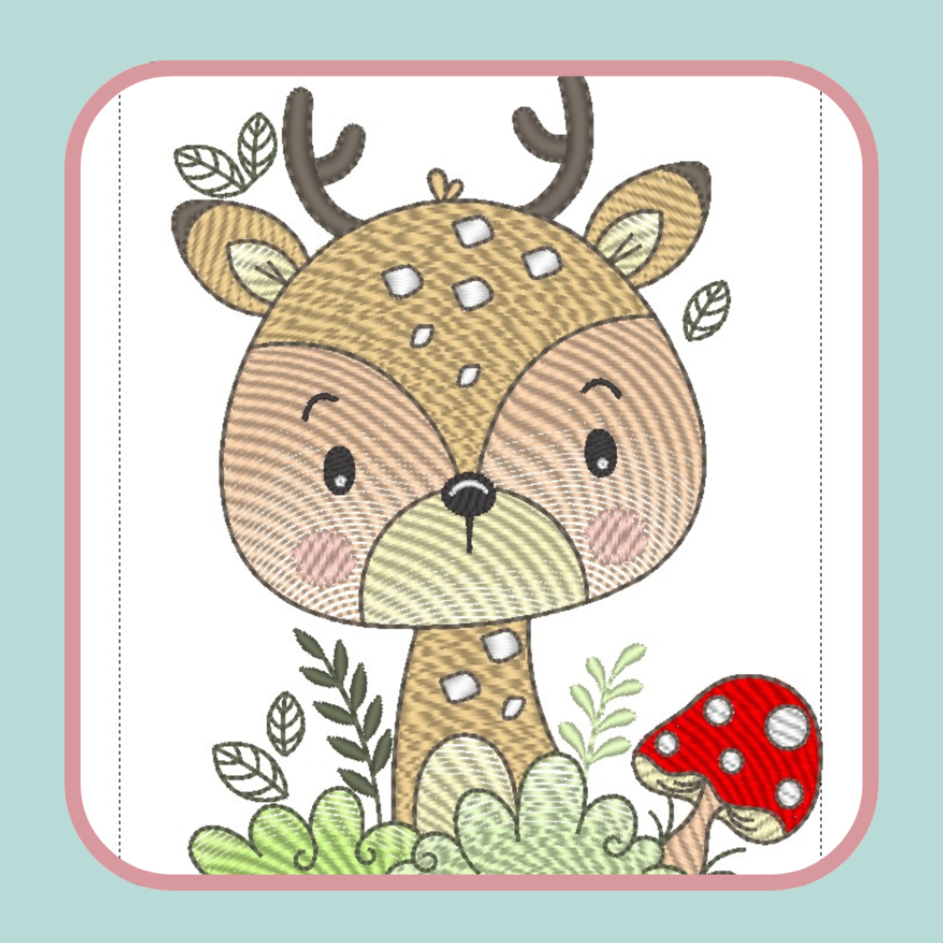 Desenho de veado bordado com folhas e cogumelo