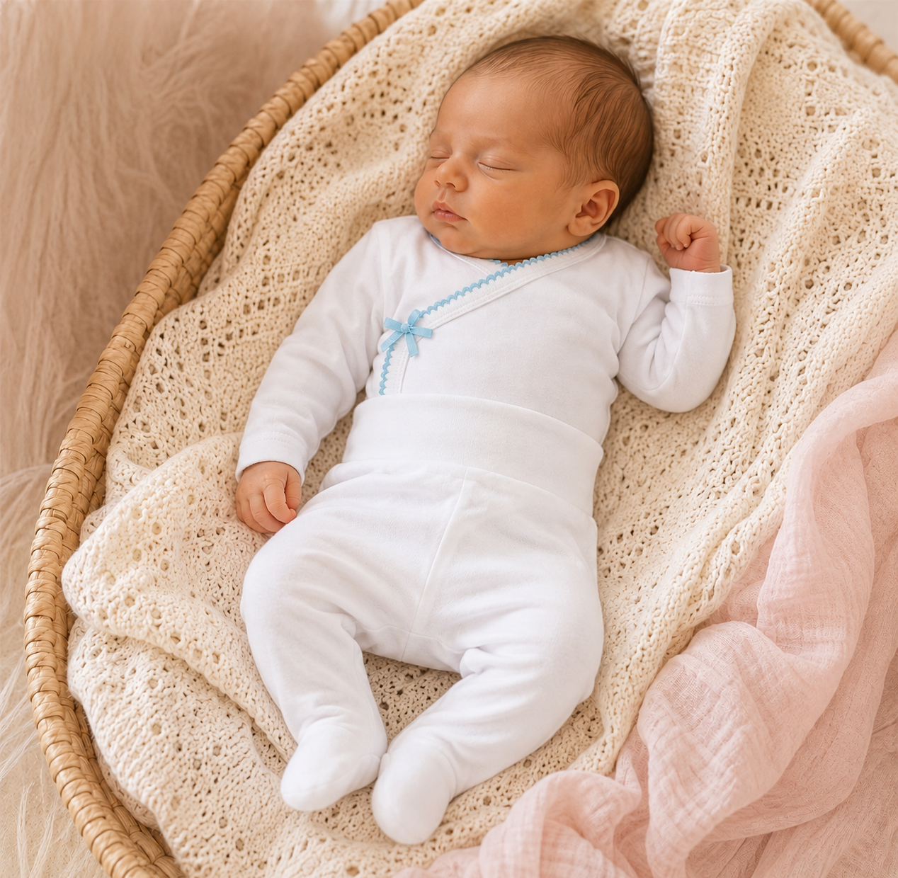 Bebé a dormir vestido de branco num cesto de vime com almofada de croché e tecido rosa