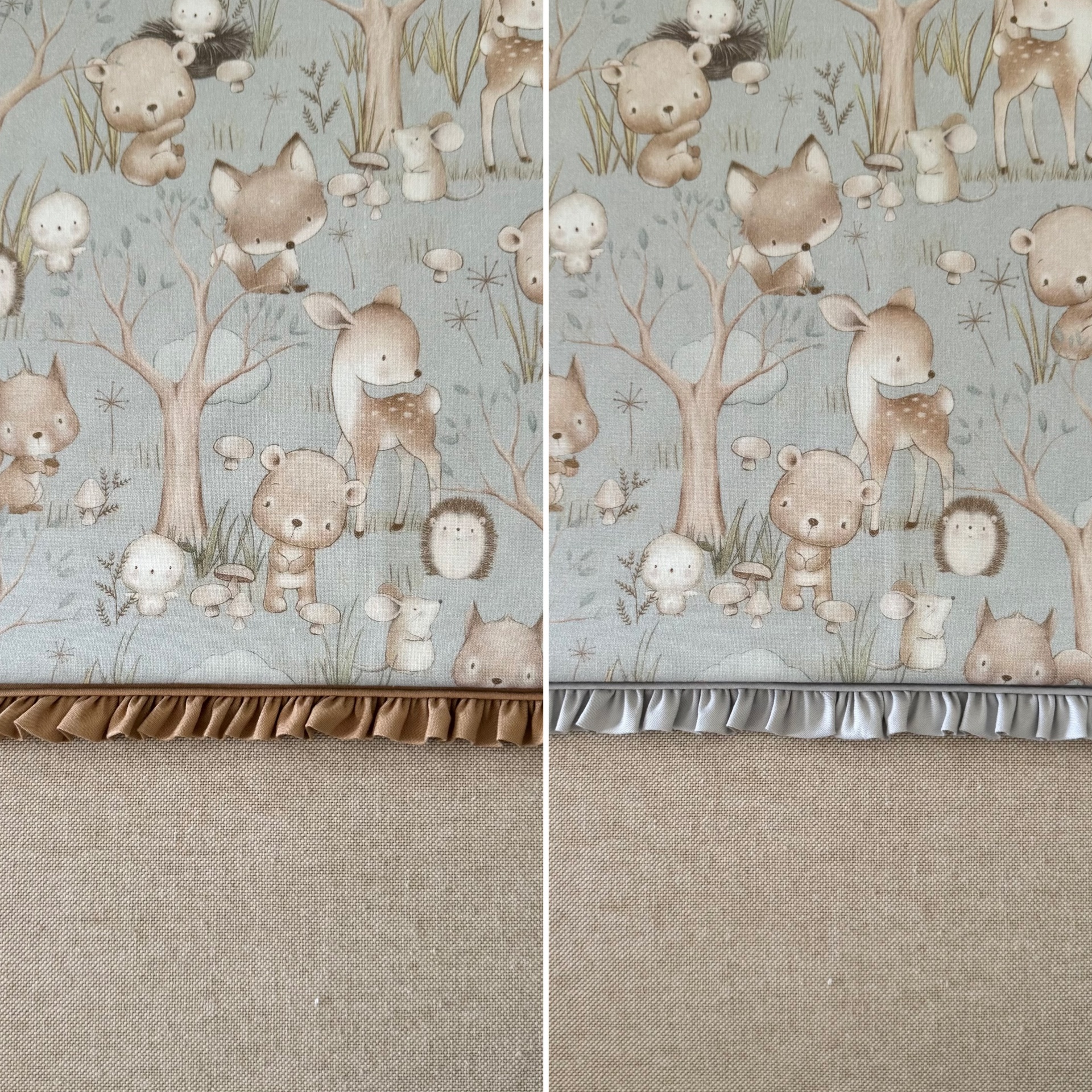 tecidos com padrão de animais da floresta em tons pastel com babados castanho e azul