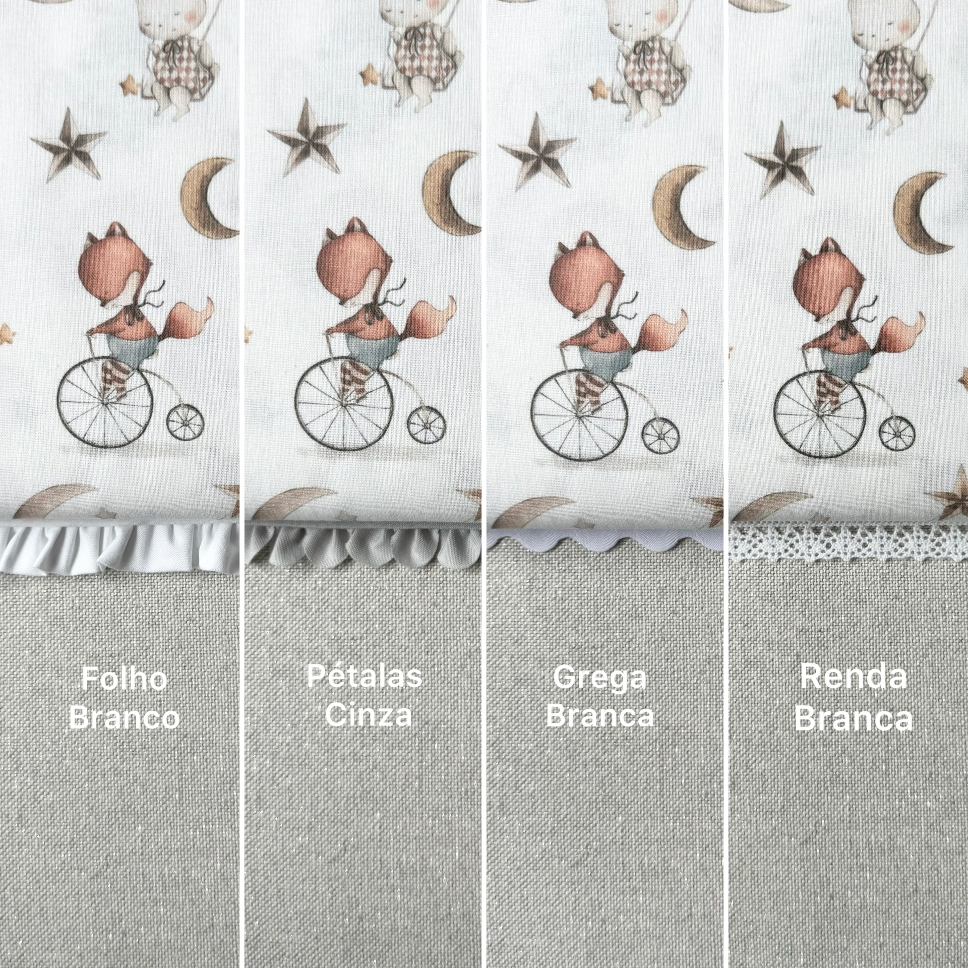 Quatro tecidos infantis com padrão de raposa e bainhas diferentes