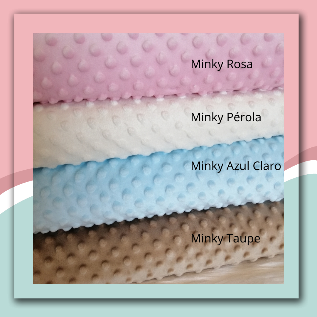 Tecidos Minky com bolsos em relevo nas cores rosa, pérola, azul claro e taupe