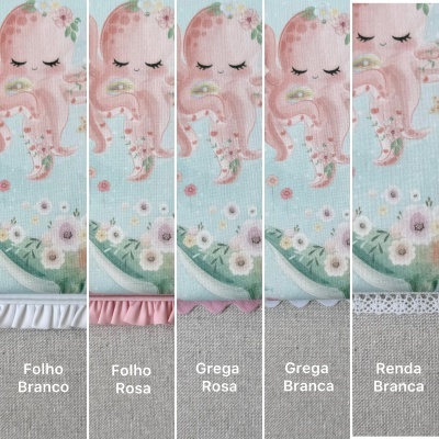 tecido com estampa de polvo rosa e flores com cinco tipos de acabamentos diferentes