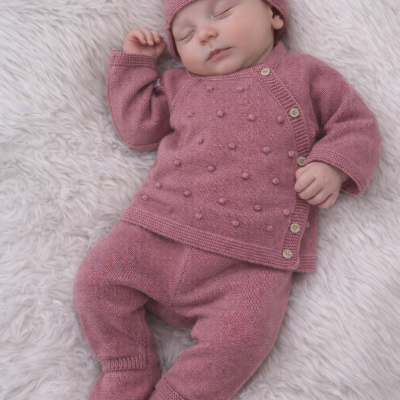 Bebé vestido com conjunto rosa de malha dormindo sobre tapete branco felpudo
