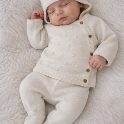 Bebé com roupa de malha creme com pompons
