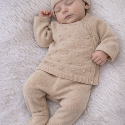 Bebé a dormir vestido com conjunto de malha bege com bolinhas pequenas e gorro, deitado em tecido branco felpudo.