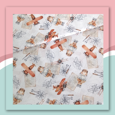 Tecido com padrão de aviões e crianças vestidos de aviador em tons bege e castanho