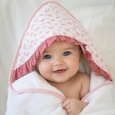 Bebé com toalha de capuz branca com padrão rosa e babados